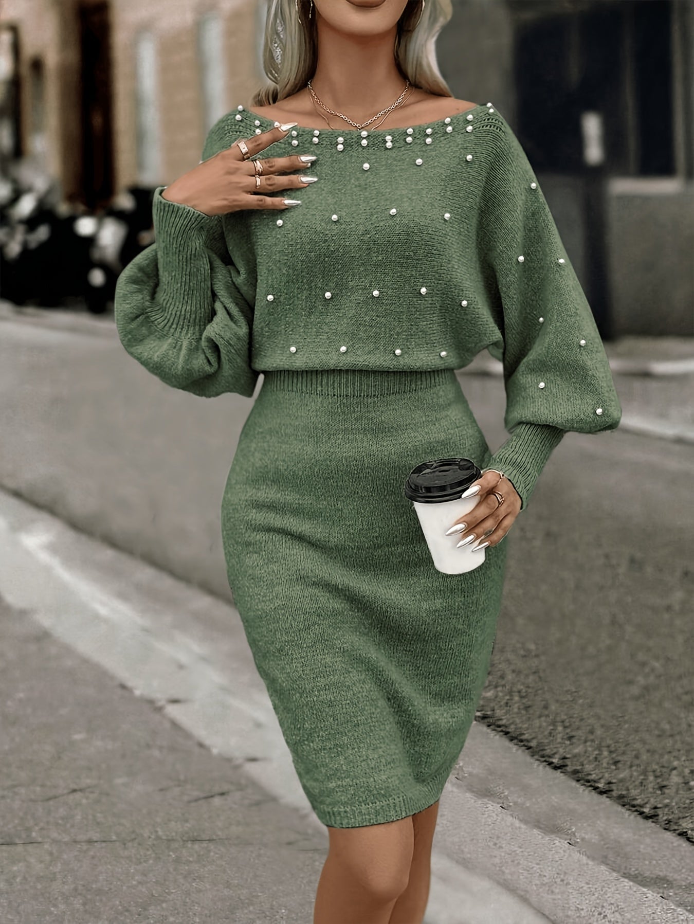 Women’s Olive Green Pearl-Embellished Bodycon Mini Dress – Long Sleeve Ribbed Knit, Casual Spring/Fall Wear