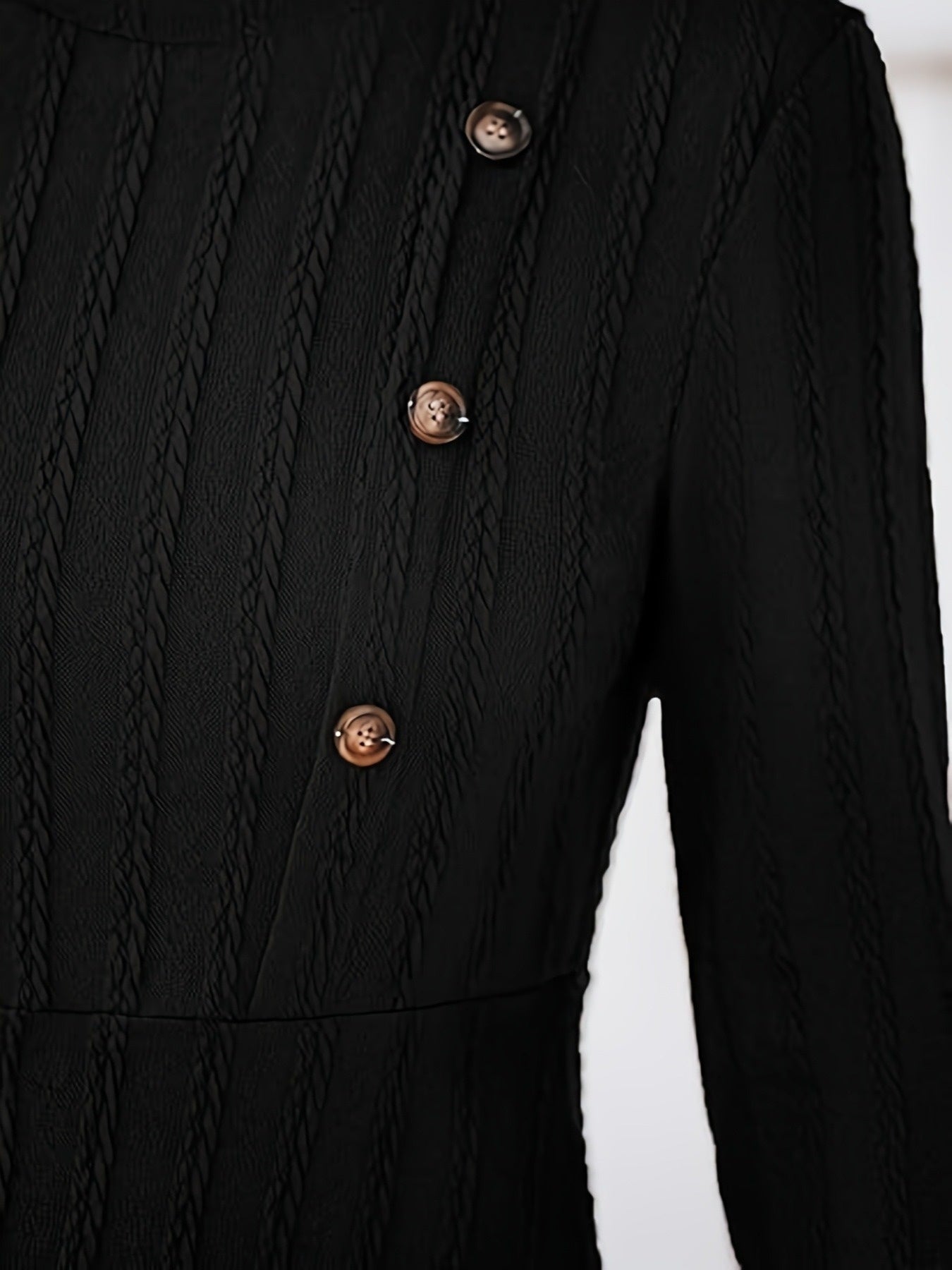 Plus Size Elegant Black Mini Dress – Long Sleeve Button-Front, Fall/Winter Office & Party Wear