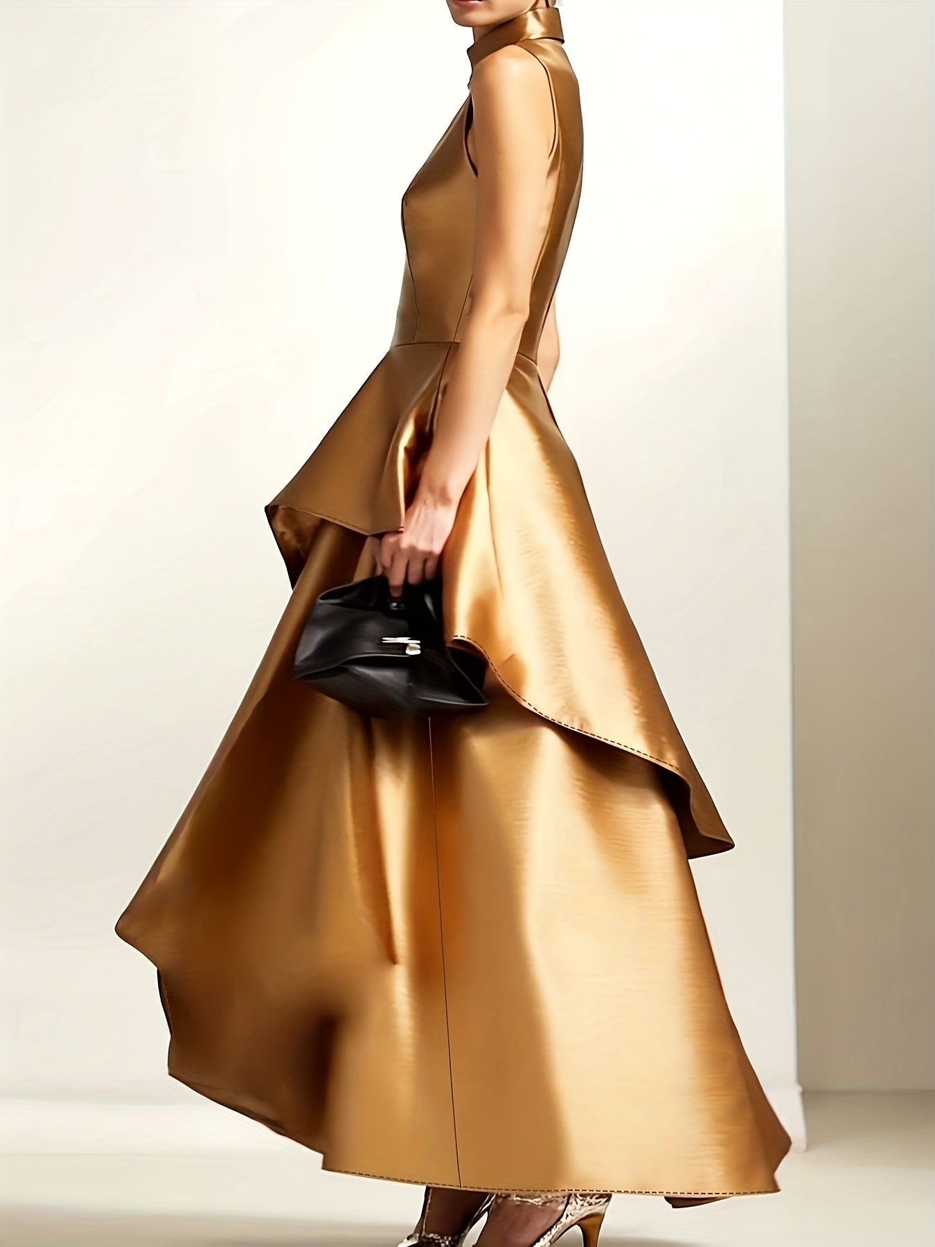 Elegant Stand Collar A-Line Sleeveless Long Dress – Solid Color | Fit & Flare Ball Gown Hem | Autumn–Winter Collection