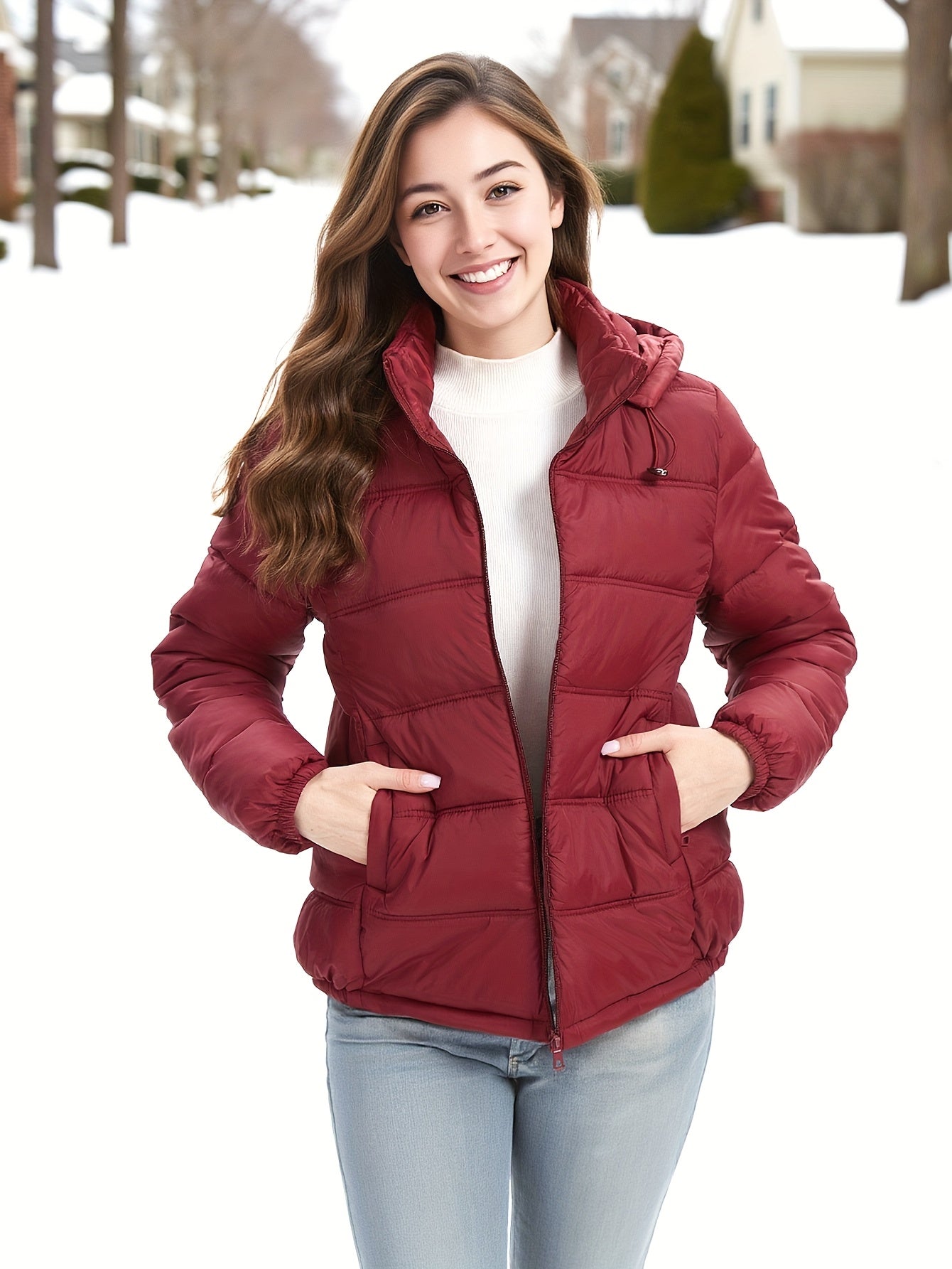Women’s Hooded Autumn & Winter Puffer Jacket – Thickened Warm Zip-Up Coat with Pockets | Solid Casual H-Contour Design
