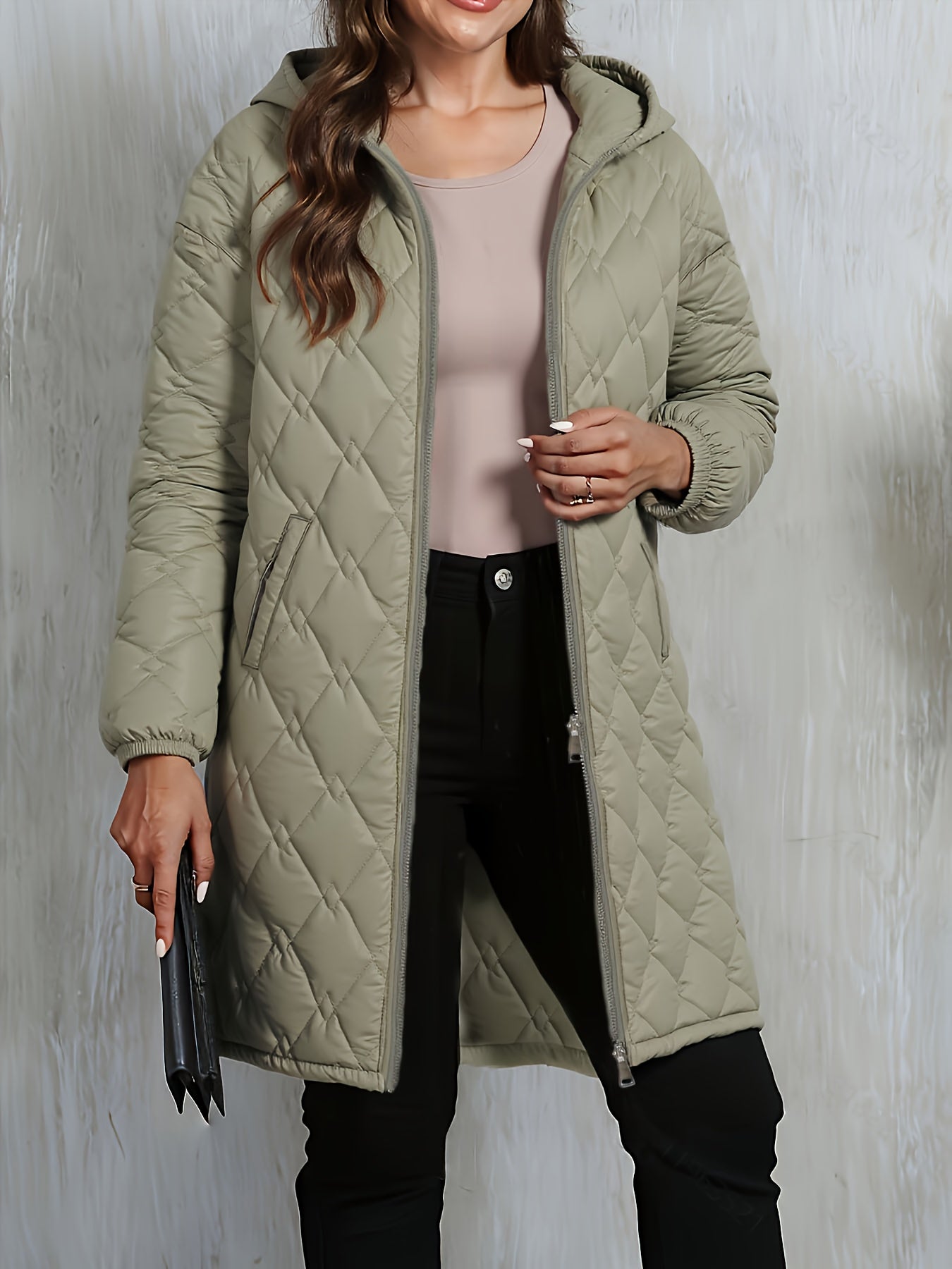 Women’s Elegant Long Winter Coat – Thick Quilted Hooded Jacket with Double Zipper, Warm Geometric Pattern, Loose Fit Style for Fall & Winter
