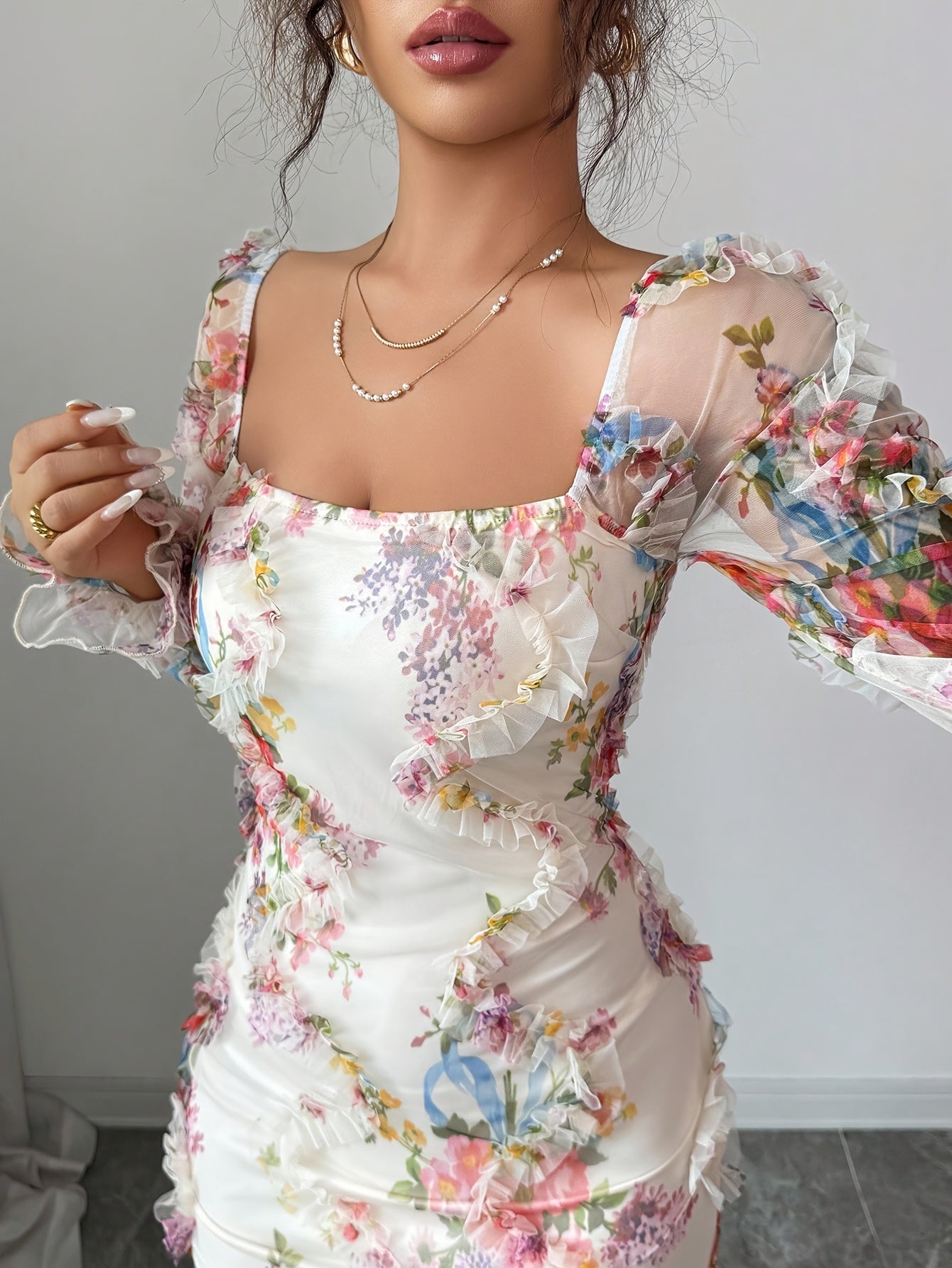 Women's Elegant Floral Print Square Neck A-Line Dress – Ruffled Short Sleeves, Fitted Waist, Zipper Back, Full-Length Wedding & Party Dress
