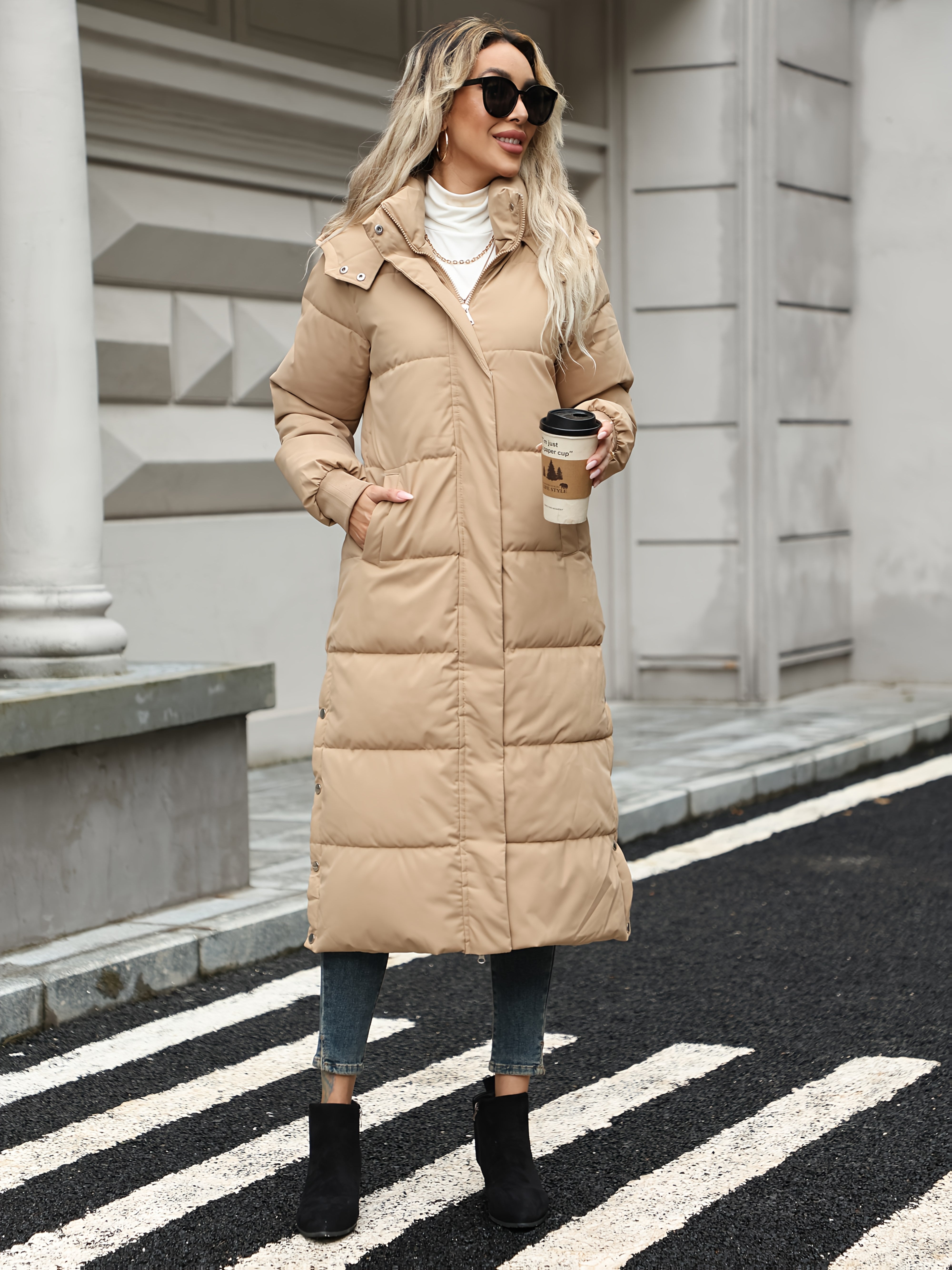 Women’s Elegant Winter Coat – Thickened Cold Weather Outerwear with Full-Zip Closure, Knee-Length Hooded Jacket for Everyday & Formal Events