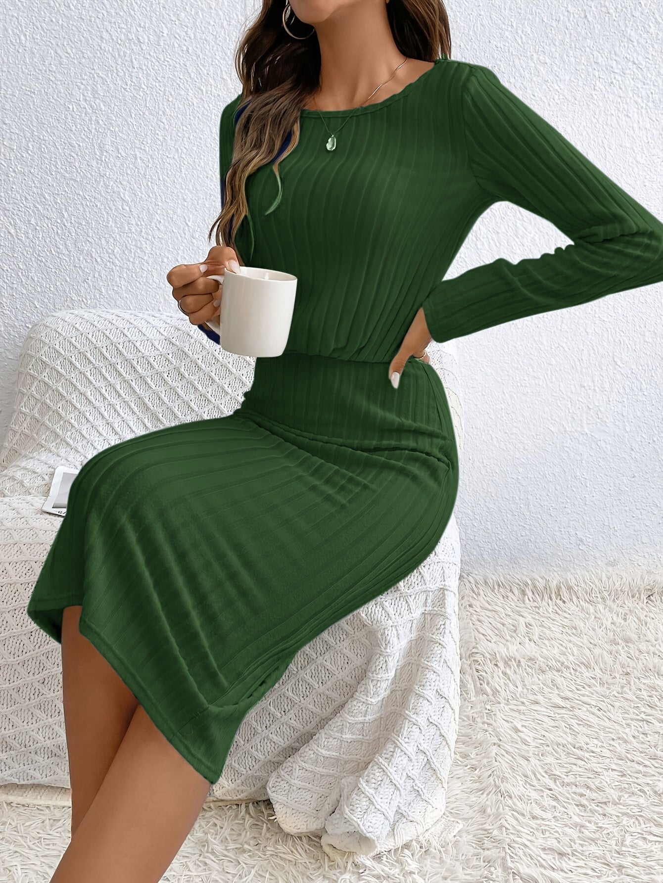 Women’s Elegant Ribbed Bodycon Midi Dress – Long Sleeve High-Elasticity Knit | Round Neck | Fall/Winter Casual to Formal Wear