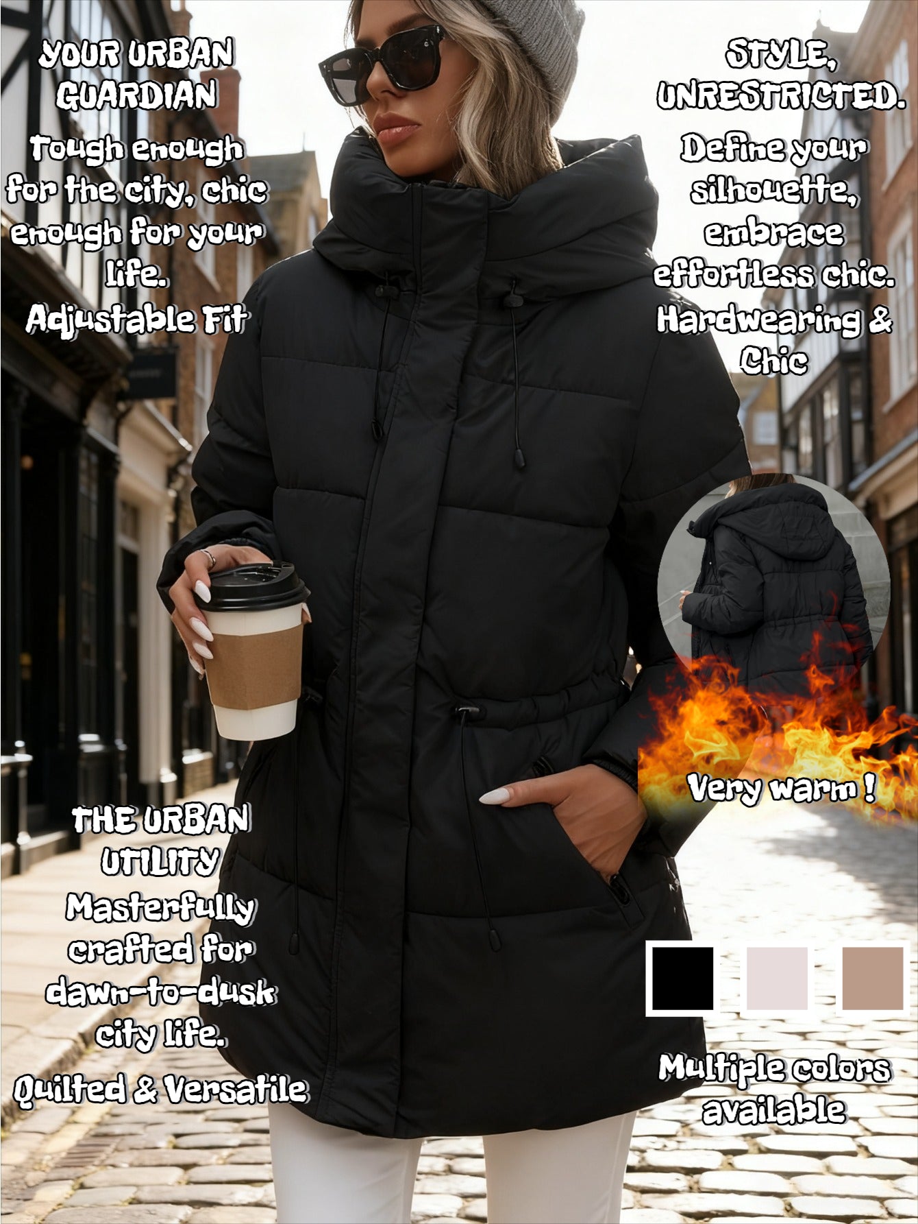 Women’s Quilted Hooded Winter Jacket – Thermal Puffy Design, Adjustable Hood, Warm Solid Winter Coat