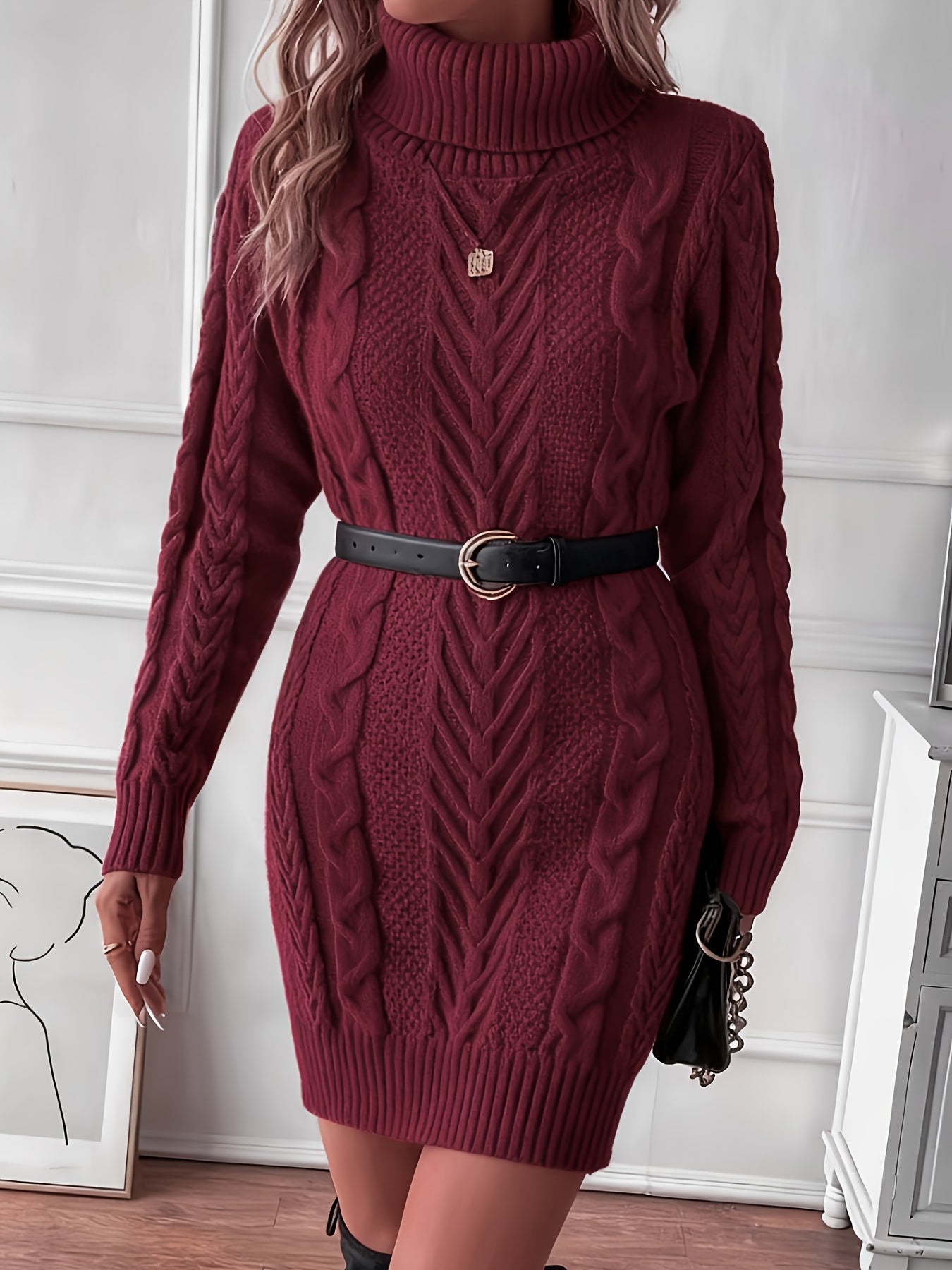 Women’s Elegant Cable Knit Sweater Dress – Long Sleeve, High Neck, Solid Color | Fall/Winter Knit Dress