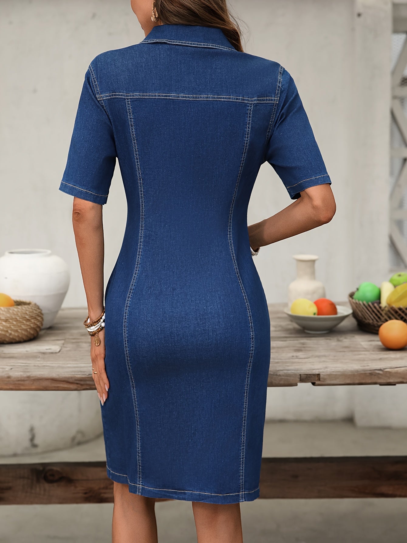 Women’s Stretch Denim Midi Dress – Zipper Front & Pockets | Short Sleeve, Button-Up Collar | Cinched Waist Light Blue Casual Dress