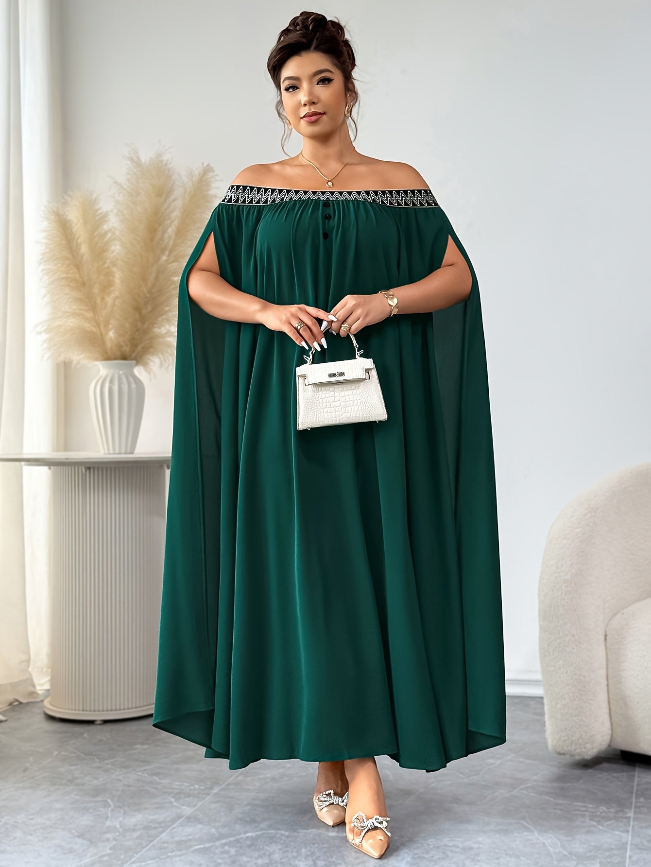 Plus Size Elegant Off-Shoulder Maxi Dress – Ruffled Sleeves, Lace Detailing, Solid Green, Fall/Winter Plus Size Women’s Fashion Dress
