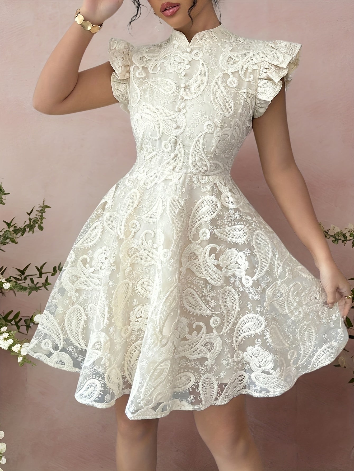 Elegant A-Line Mini Dress with Stand Collar & Contrast Lace Trim – Solid Color Short Sleeve Flared Hem Dress for Spring, Summer & Fall