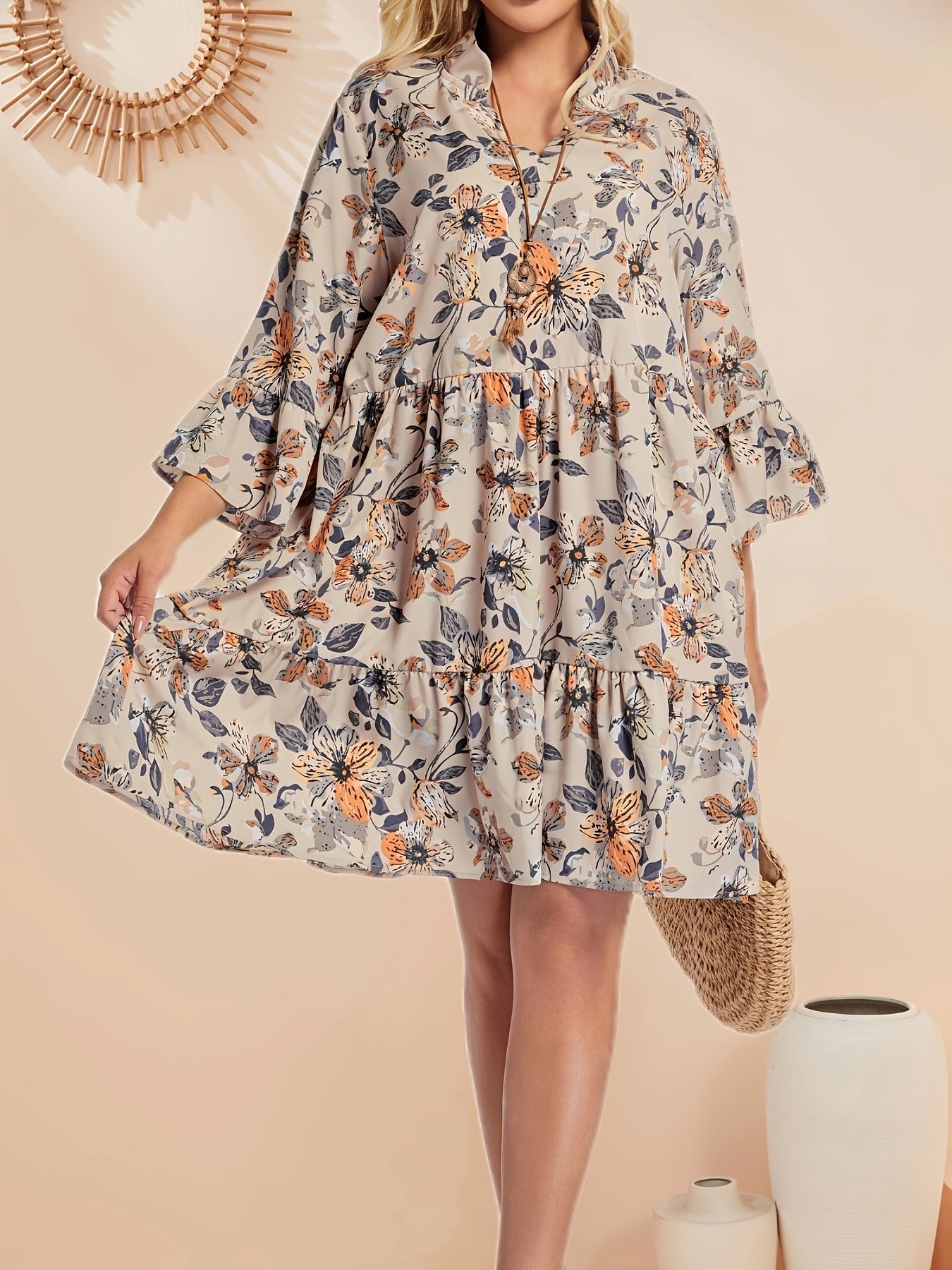 lus Size Bohemian Floral V-Neck Mini Dress – Long Sleeve Ruffled Hem & Layered Skirt, Spring/Summer/Fall Casual & Semi-Formal