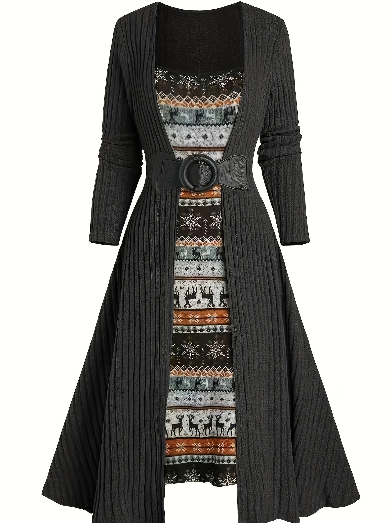 Women’s Long-Sleeve Ribbed Color Block Dress – Autumn & Winter A-Line Commute Dress, Square Neck, Elegant Knit Fabric