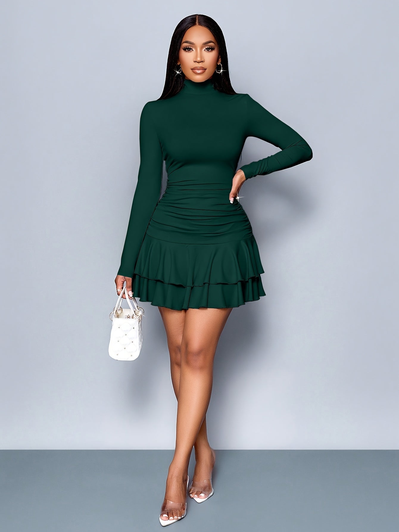 Women's Black Ruffle Mini Dress – Stand Collar, Long Sleeve, Jersey Knit, Ruffle Hem | Casual & Vacation Wear