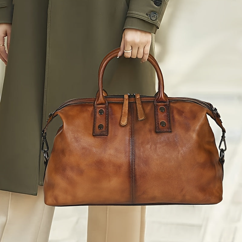 Women’s Vintage Genuine Leather Tote Bag – Large Capacity, Detachable Shoulder Strap & Zipper Closure