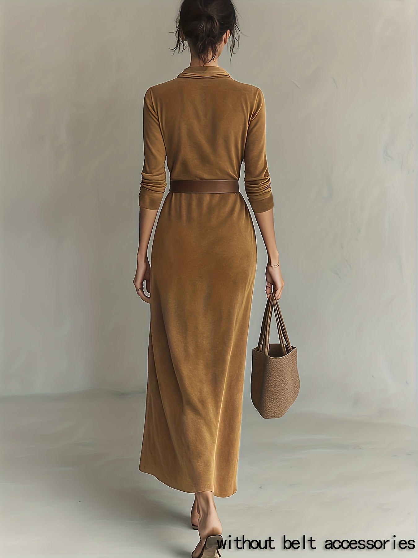 Women’s Elegant Lapel Collar Single-Breasted A-Line Maxi Dress – Long Sleeve Winter Formal Workwear (Belt Not Included) – Brown Tailored Dress