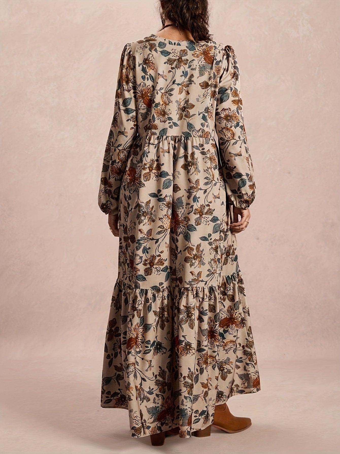 Women’s Vintage Floral Print Maxi Dress – Elegant V-Neck A-Line Long Winter Dress with Kimono-Like Strap (No Waist Tie) – All-Season Flowy Maxi Dress (Beige/Brown/Blue/Green/White)