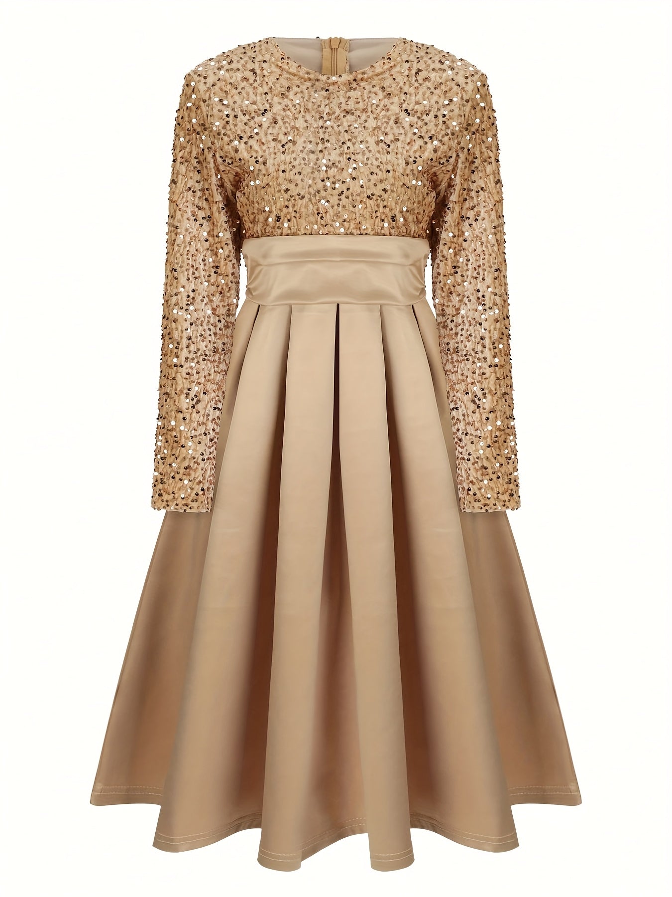 Elegant Red Sequin Long Sleeve Midi Dress – Pleated Skirt A-Line, Plus Size Party & Event Dress