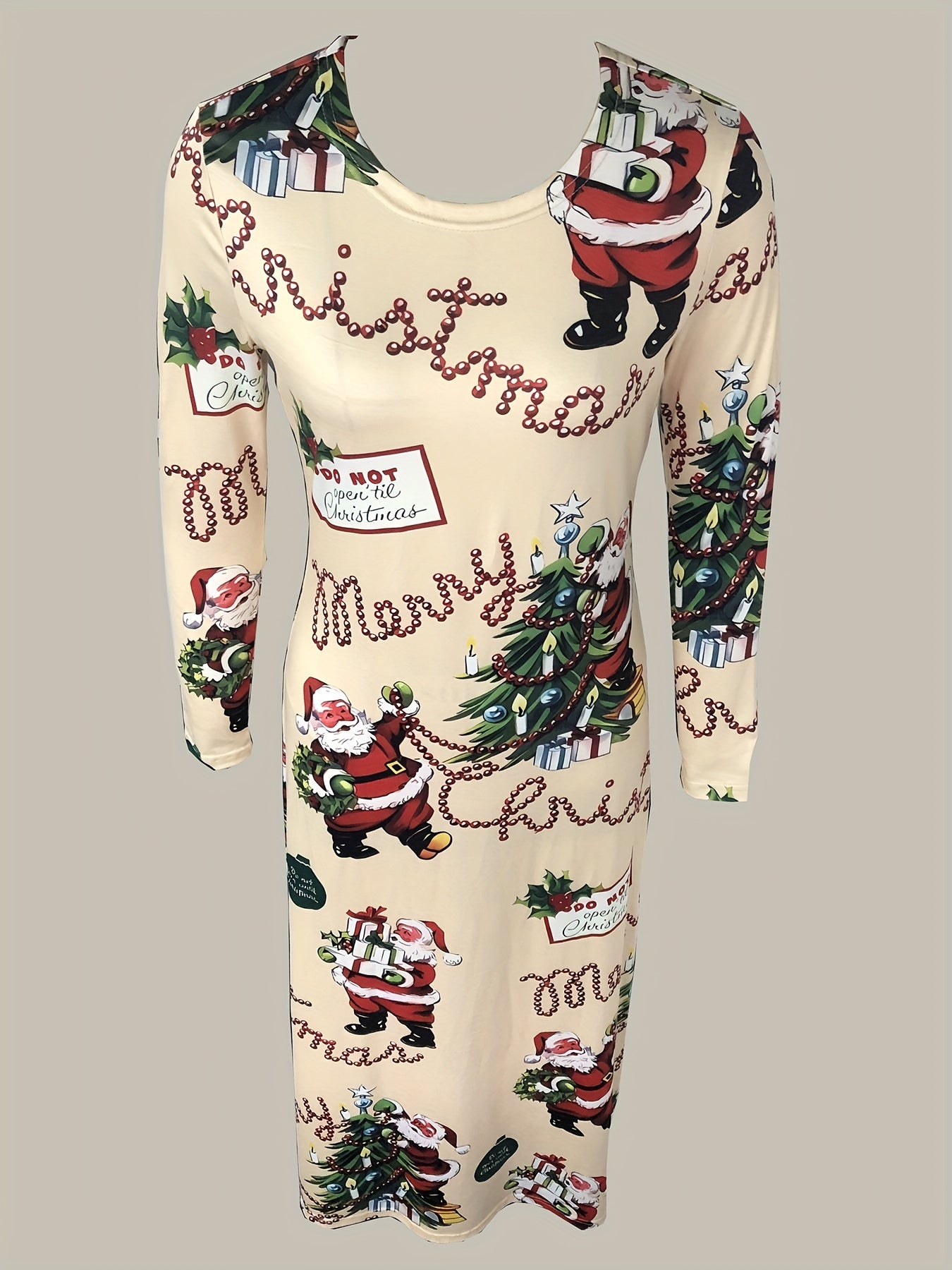 Women's Christmas Santa Print Maxi Dress – Long Sleeve Crew Neck, Casual Holiday A-Line Winter Dress