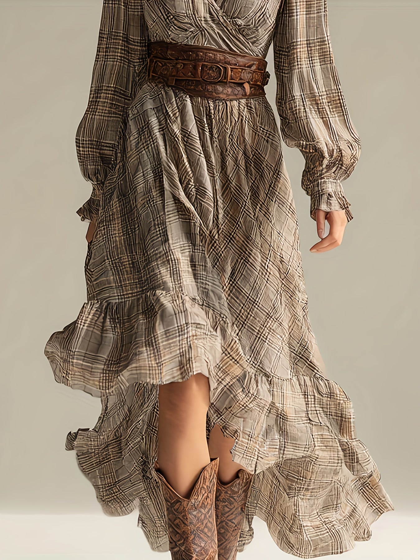 Women’s Elegant Plaid A-Line Dress – Long Sleeve Dipped Hem Midi | V-Neck Church & Wedding Guest Dress | Spring/Fall Special Occasion