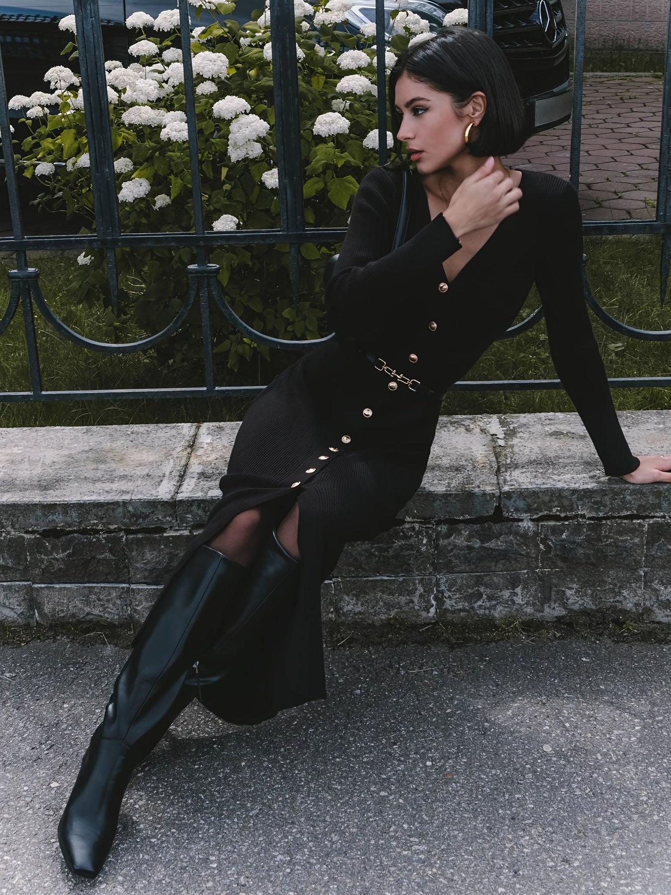 Women’s Elegant Long Sleeve V-Neck Dress – Button Front, Side Slit, Belted Waist, Solid Color, Fall/Winter Formal & Everyday Dress