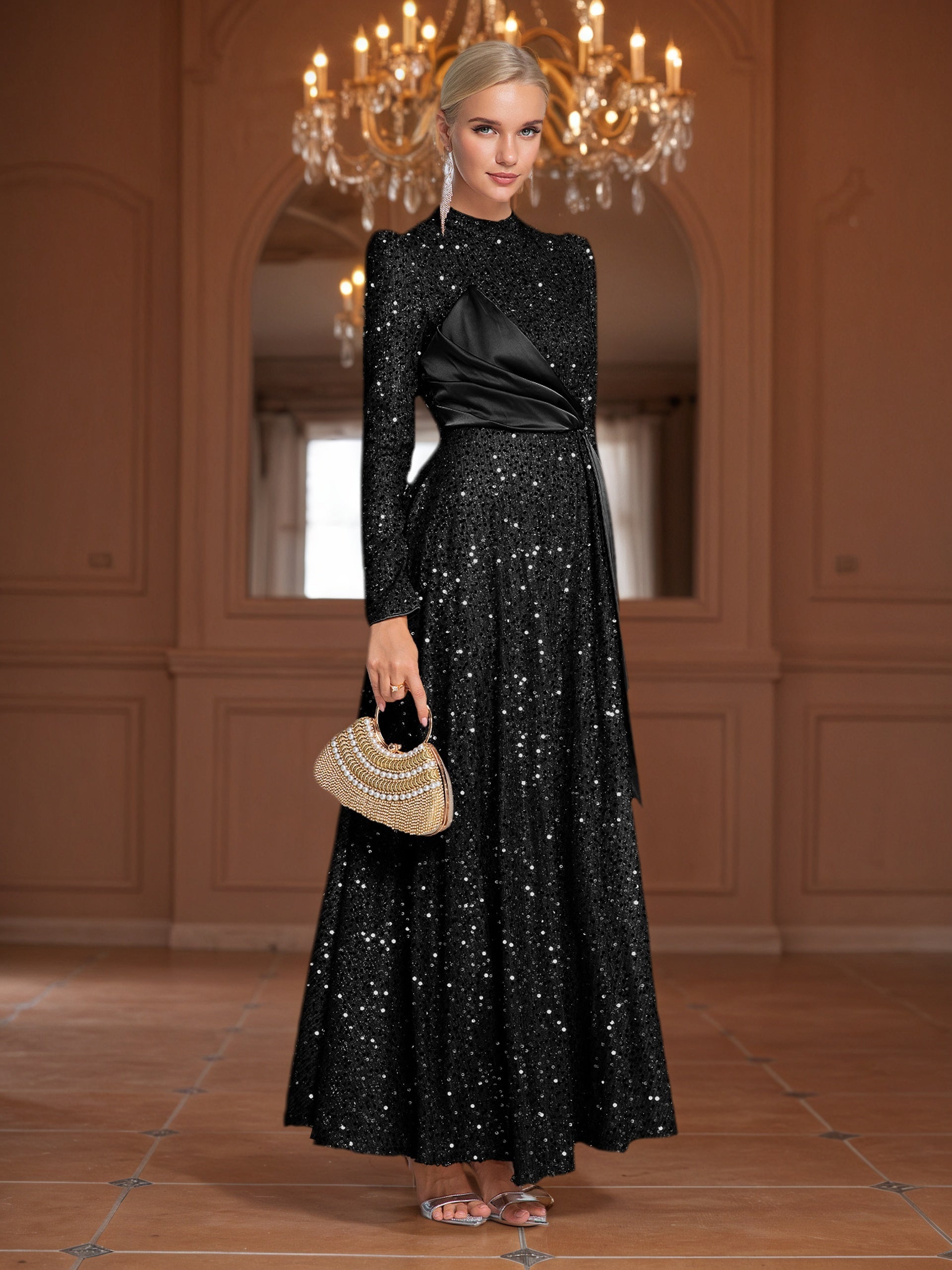 Women’s Elegant Winter Wedding & Special Occasion Maxi Dress – Long Sleeve, High-Neck, Asymmetrical Train, Padded Bust, Fit & Flare Silhouette