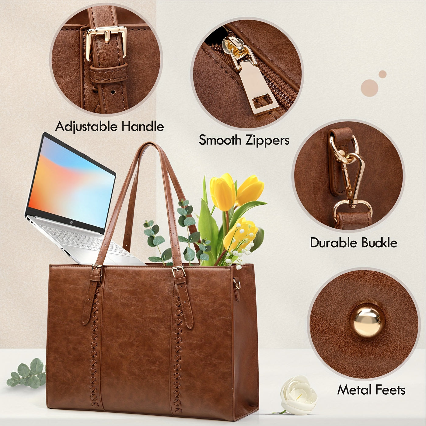 Women’s Genuine Leather Laptop Tote Bag – 15.6" (39.62 cm) Large Capacity Office & Business Briefcase (Brown)