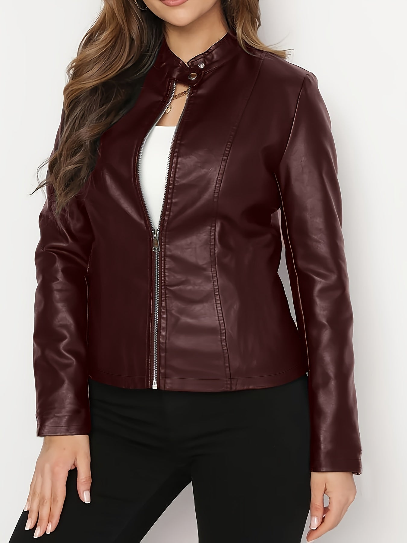 Women’s Elegant Genuine Leather Jacket – 2025 Full-Zip Motorcycle Biker Coat | Premium Genuine Leather, Stand Collar, Long Sleeve, Structured Fit