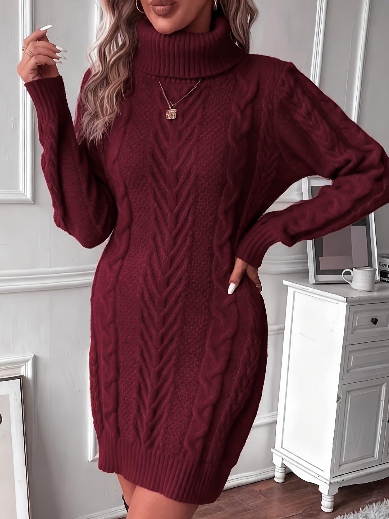 Women’s Elegant Cable Knit Sweater Dress – Long Sleeve, High Neck, Solid Color | Fall/Winter Knit Dress