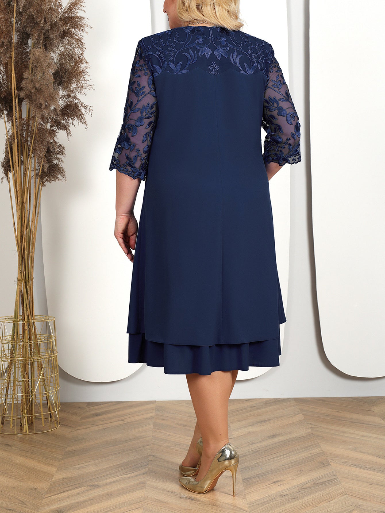 Elegant Plus Size Embroidered Chiffon Midi Dress – Blue | Half Sleeve | Crew Neck | Knee-Length | Wedding & Casual Wear