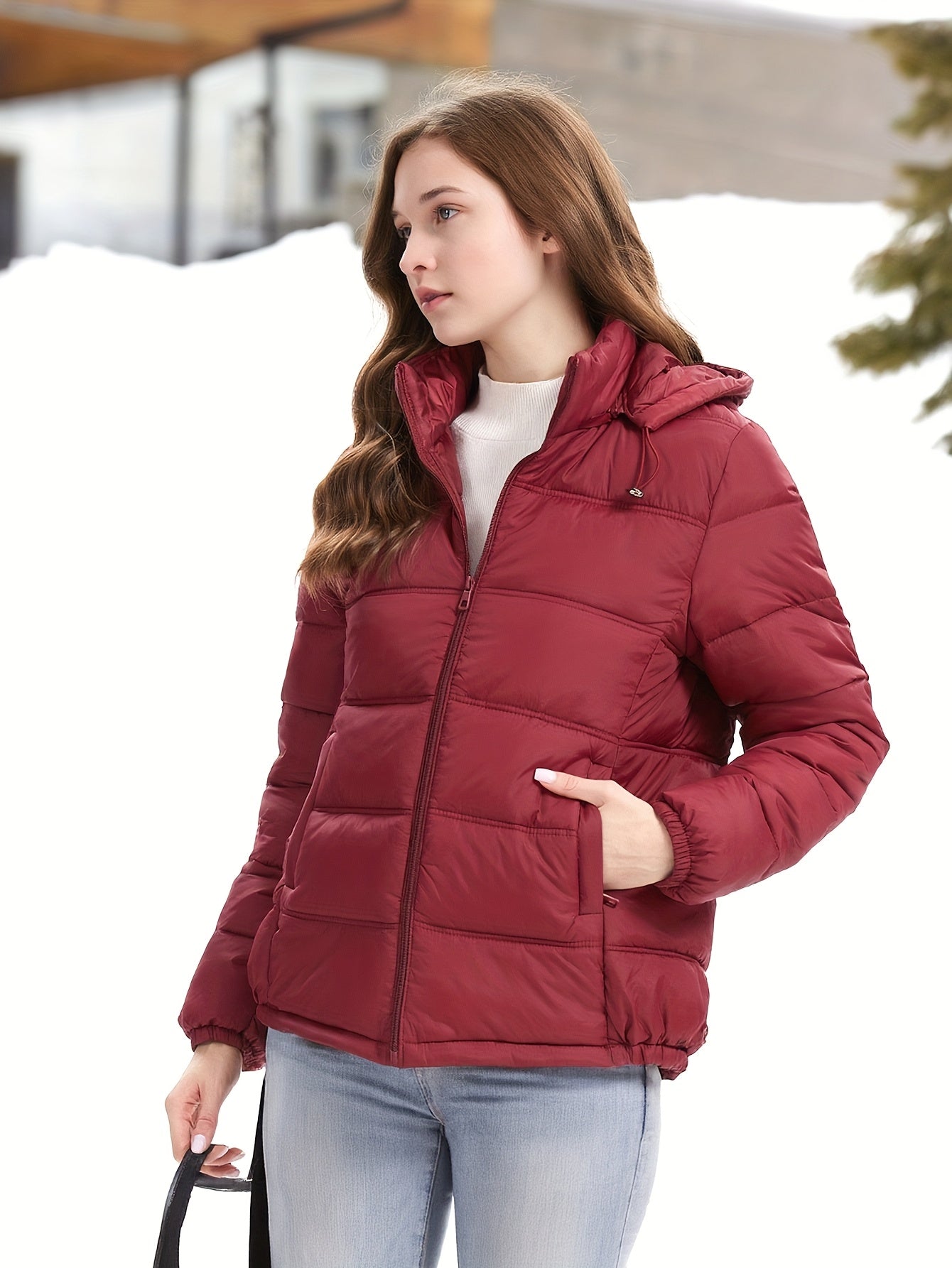 Women’s Hooded Autumn & Winter Puffer Jacket – Thickened Warm Zip-Up Coat with Pockets | Solid Casual H-Contour Design