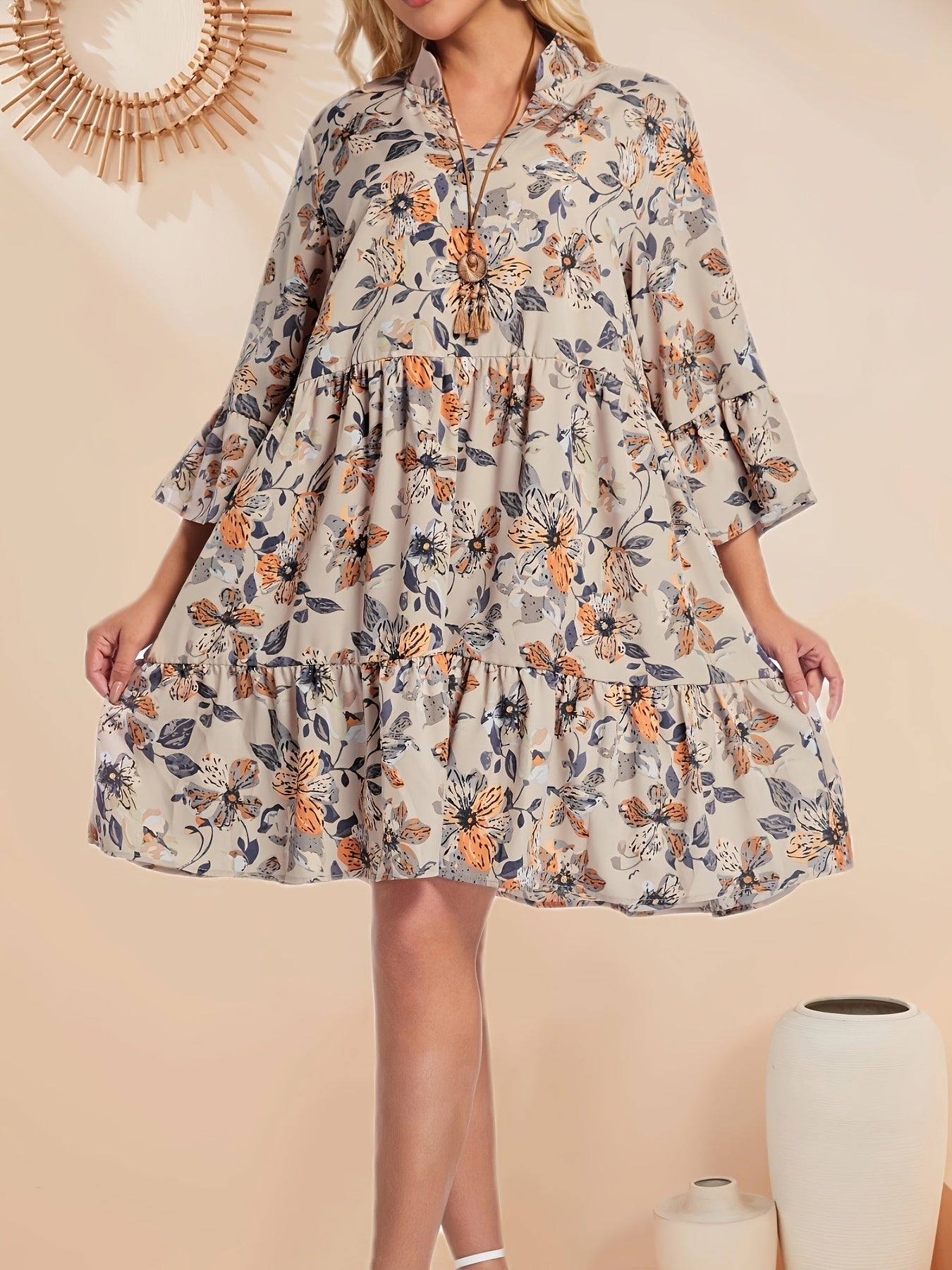 lus Size Bohemian Floral V-Neck Mini Dress – Long Sleeve Ruffled Hem & Layered Skirt, Spring/Summer/Fall Casual & Semi-Formal