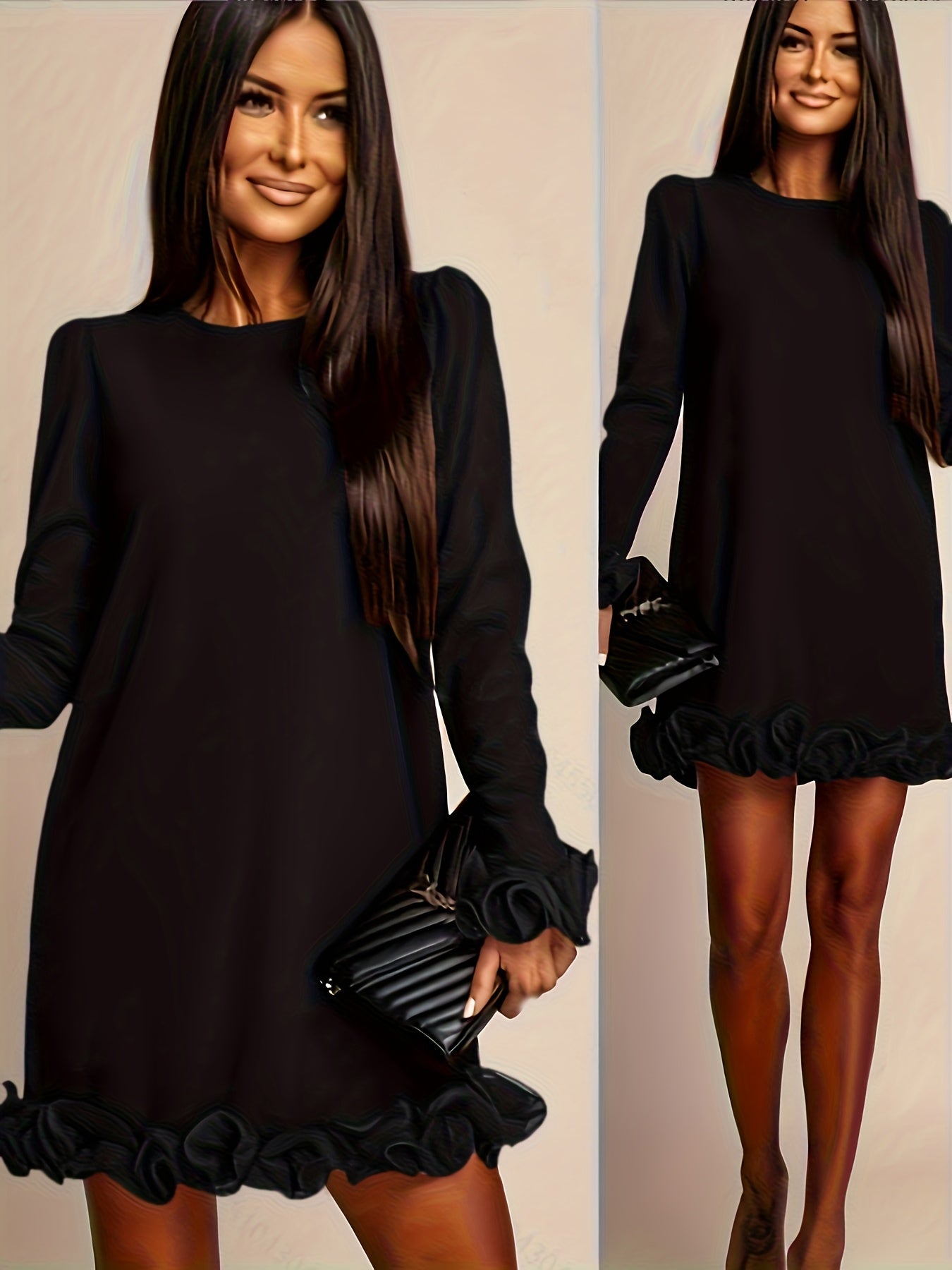 Elegant Long Sleeve Mini Dress for Women – Puff Sleeve, Pleated Detail, Solid Color, Crew Neck | All-Season Peplum Style