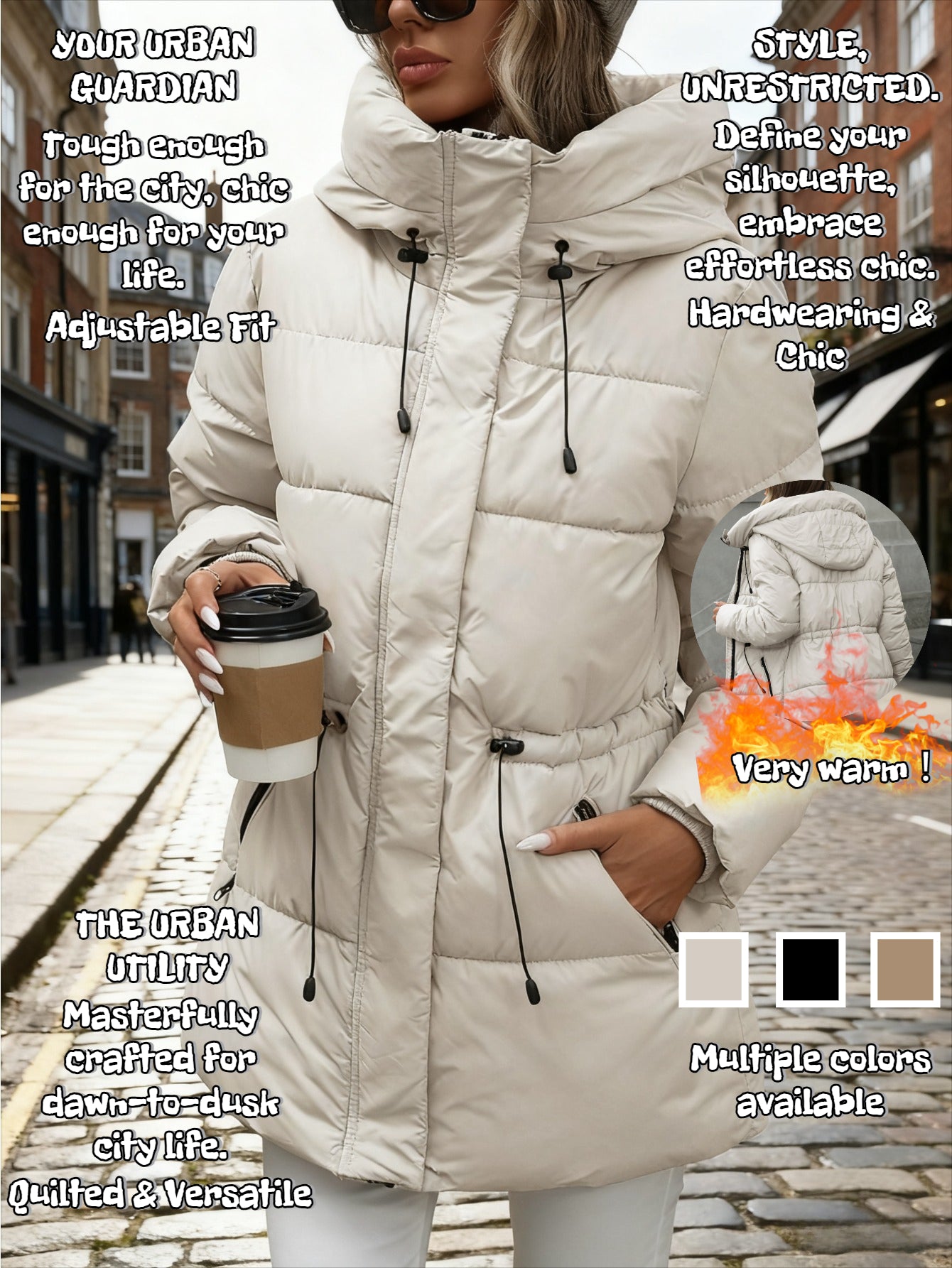 Women’s Quilted Hooded Winter Jacket – Thermal Puffy Design, Adjustable Hood, Warm Solid Winter Coat