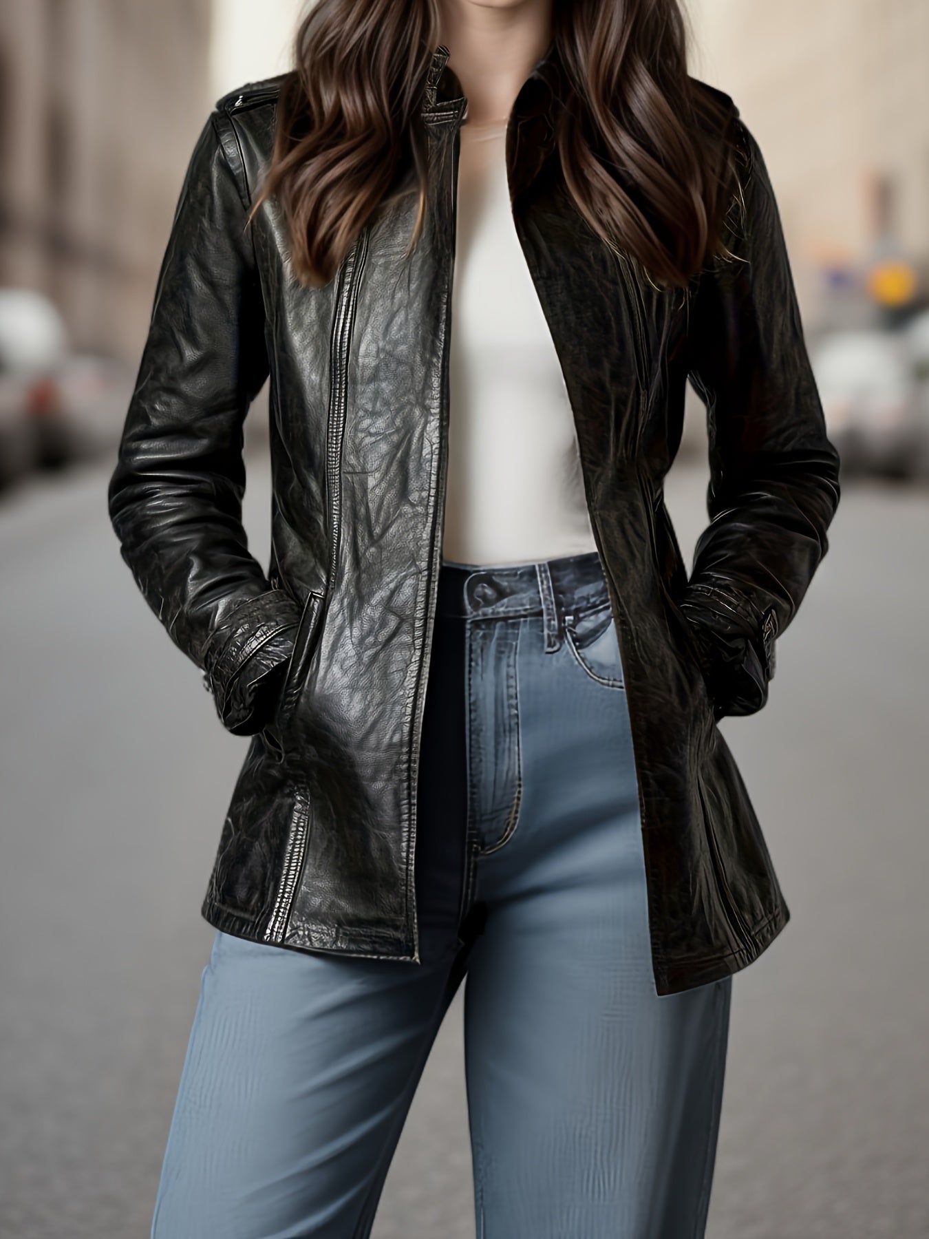 Women’s Retro Genuine Leather Motorcycle Jacket – All-Season Slim-Fit Mid-Length Zip Front Coat with Stand Collar & Functional Pockets | Vintage Outerwear