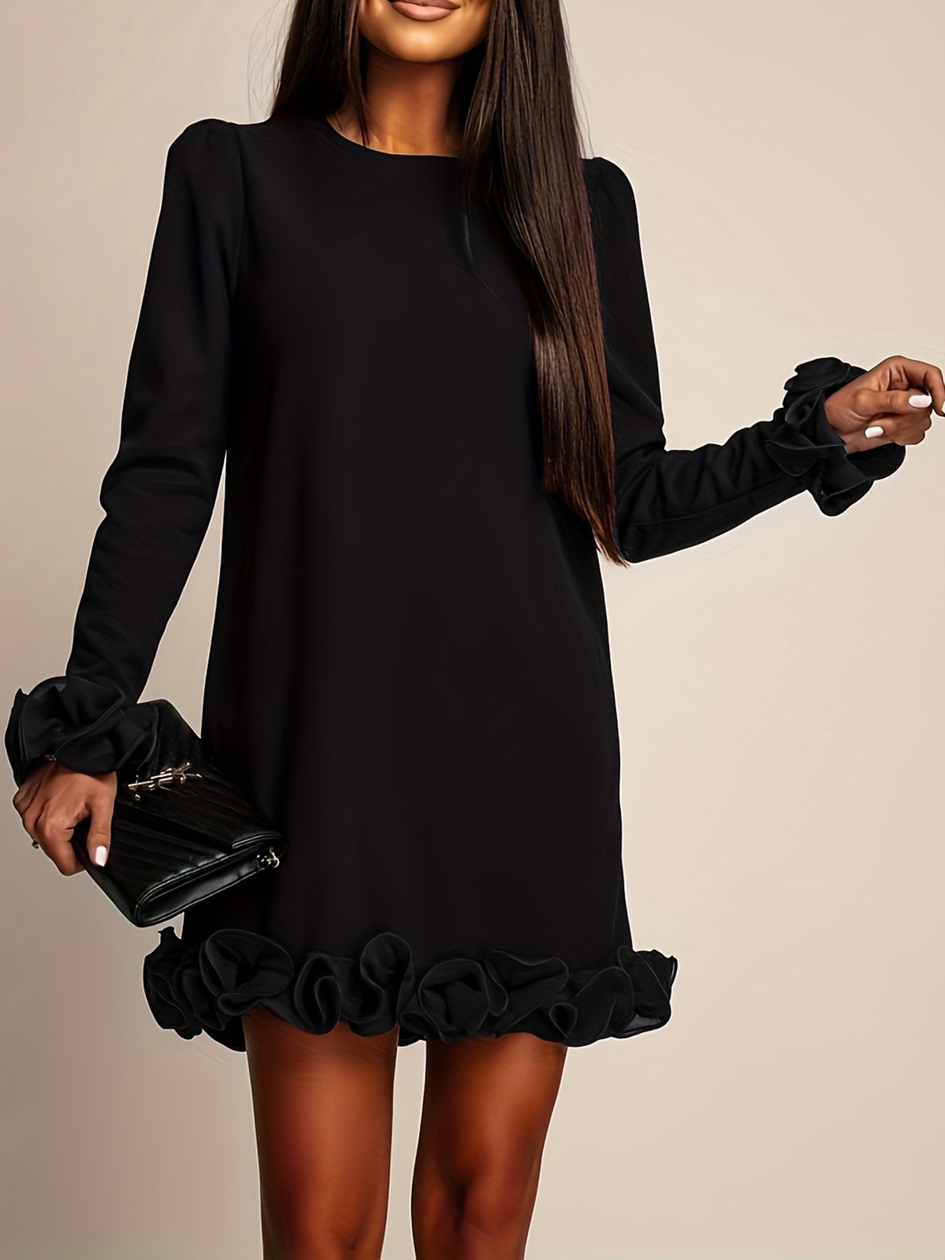 Elegant Long Sleeve Mini Dress for Women – Puff Sleeve, Pleated Detail, Solid Color, Crew Neck | All-Season Peplum Style
