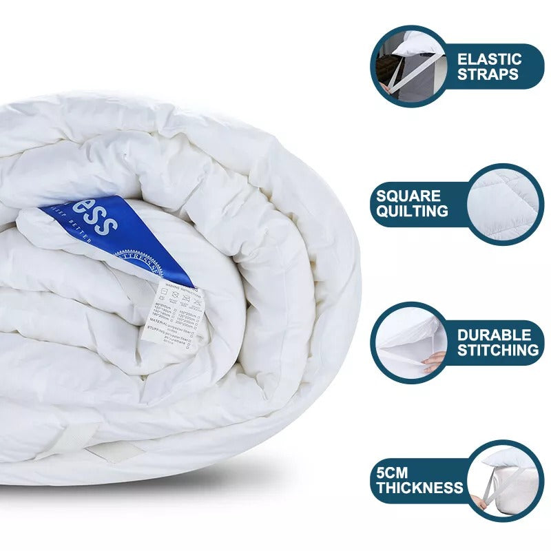 Hotel Quality 4-Inch Thick Plush Mattress Topper – Soft Quilted Bed Pad with Elastic Straps, White – Single, Double, King (5ft), Super King (6ft)