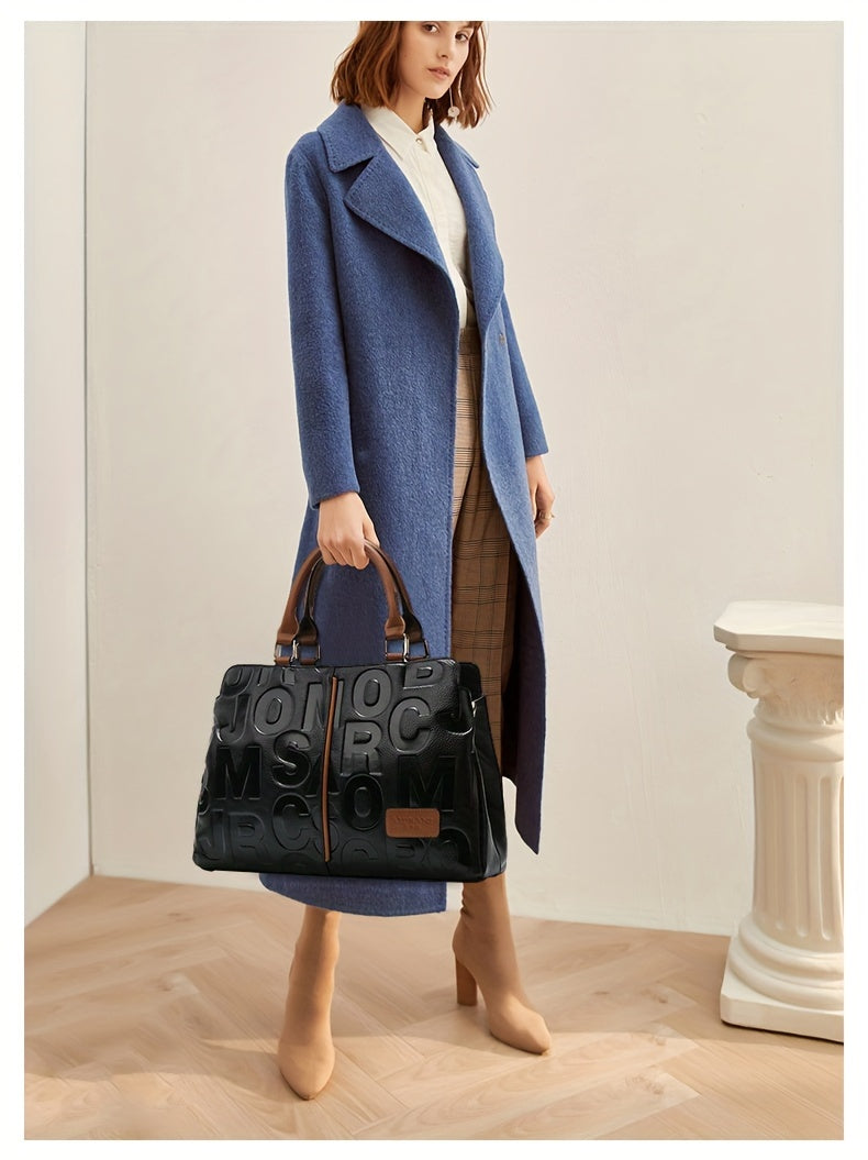 Women’s Genuine Leather Handbag – Black Tote with Brown Accents & Embossed Letter Design (Large Capacity)