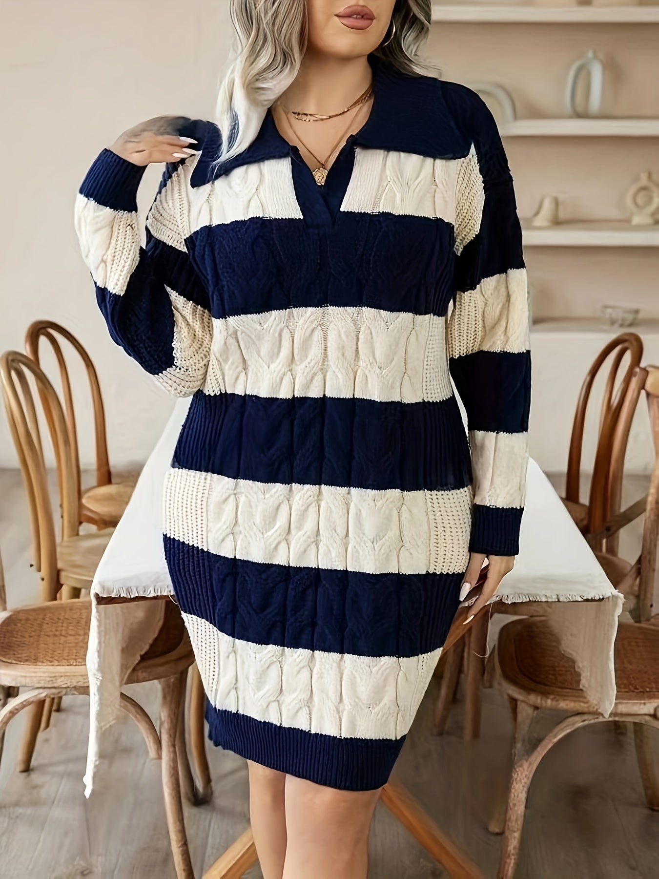 Plus Size Women’s Elegant Striped Sweater Dress – Long Sleeve A-Line Midi | Lapel Collar | Fall/Winter Knit Dress