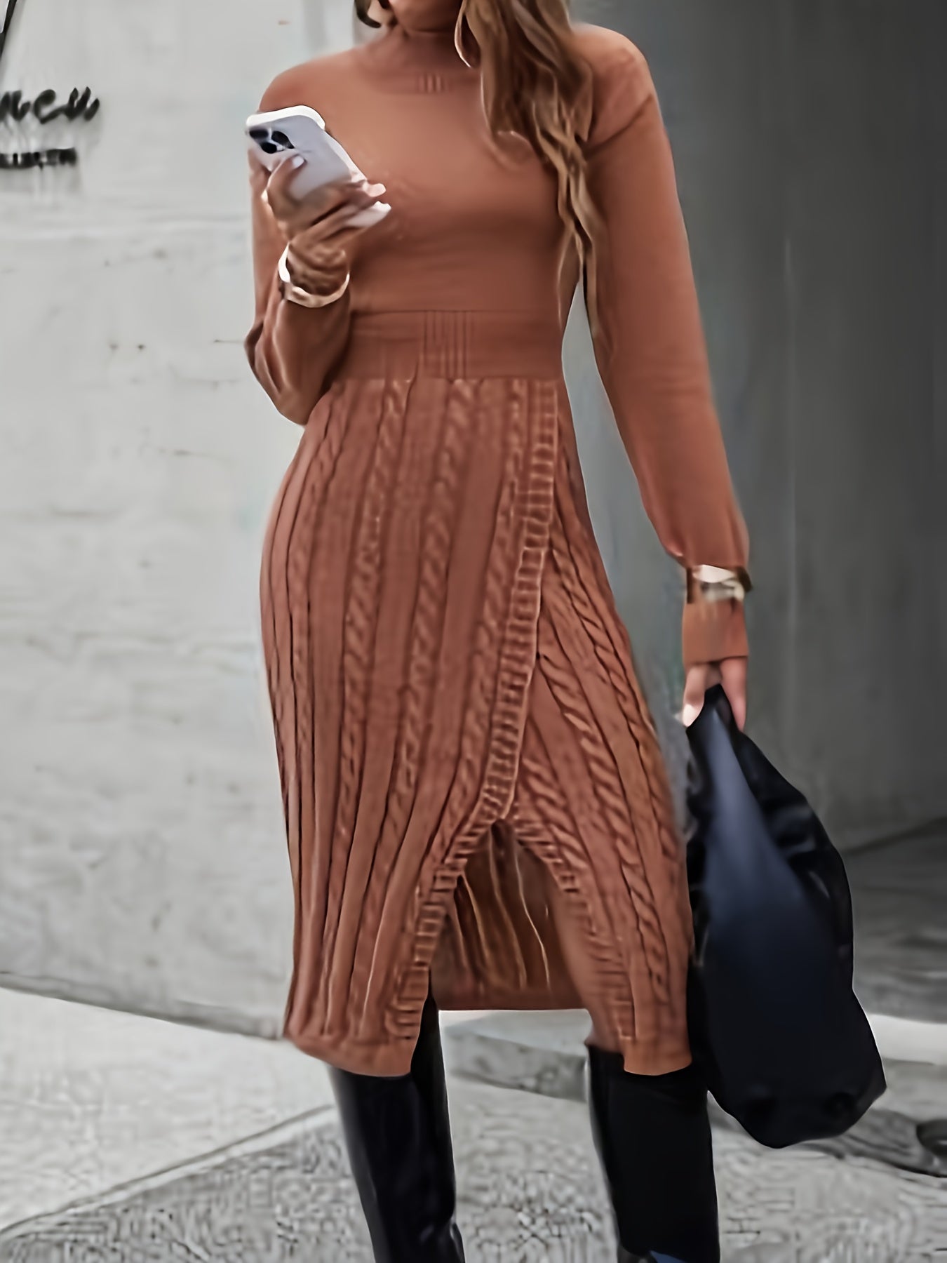 Women’s Elegant Long Sleeve Sweater Dress – Soft Pink | Round Neck | Flattering Fit | Fall/Winter Office & Party