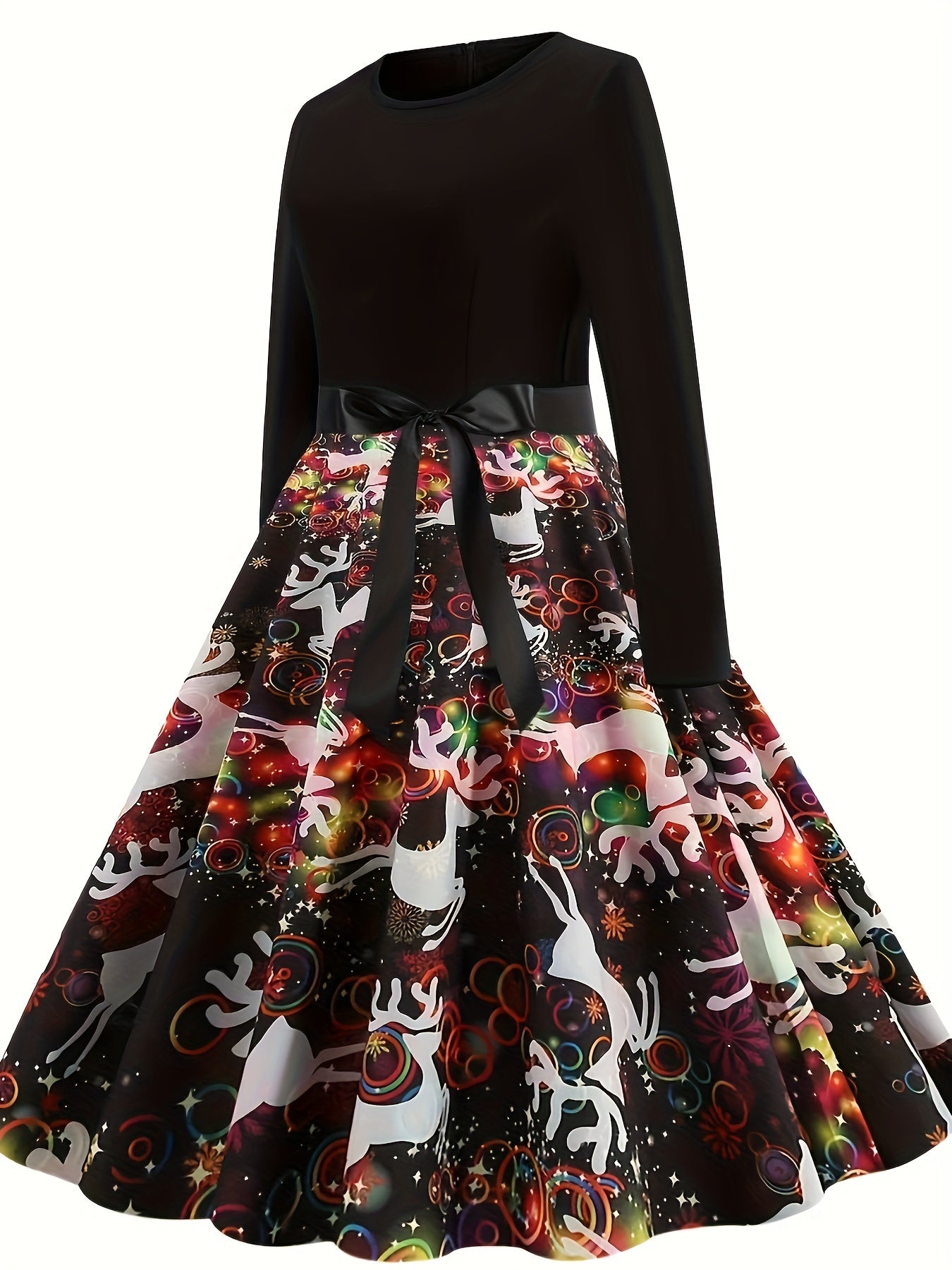 Women's Vintage Christmas Midi Dress – Long Sleeve Holiday Party Dress with Belt, Navy/Red Festive Print, All-Season A-Line