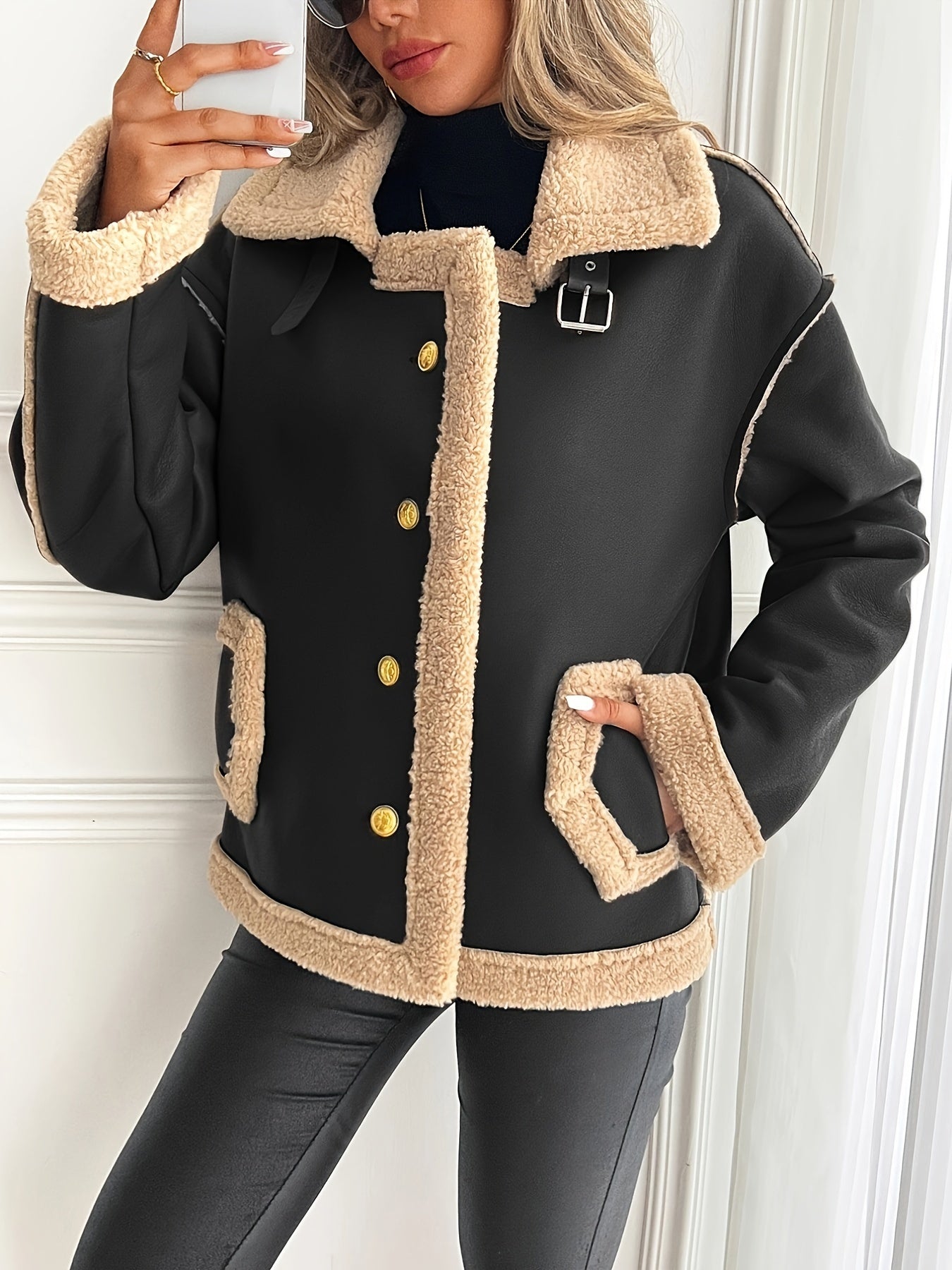 Women’s Elegant Genuine Leather Motorcycle Jacket – Brown & Beige Two-Tone, Golden Buttons, Adjustable Straps, Pockets, Fall/Winter Chic Outerwear