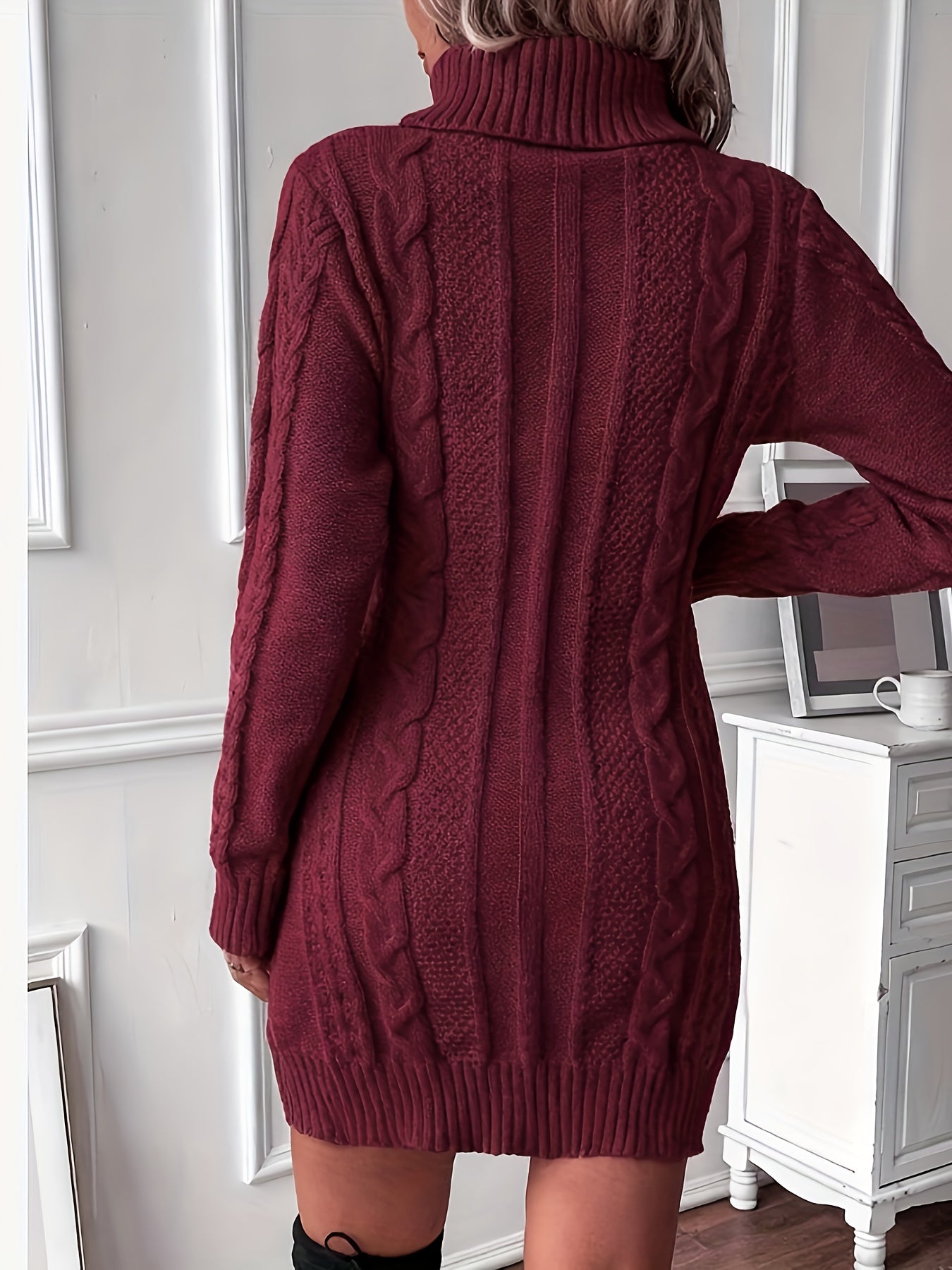 Women’s Elegant Cable Knit Sweater Dress – Long Sleeve, High Neck, Solid Color | Fall/Winter Knit Dress