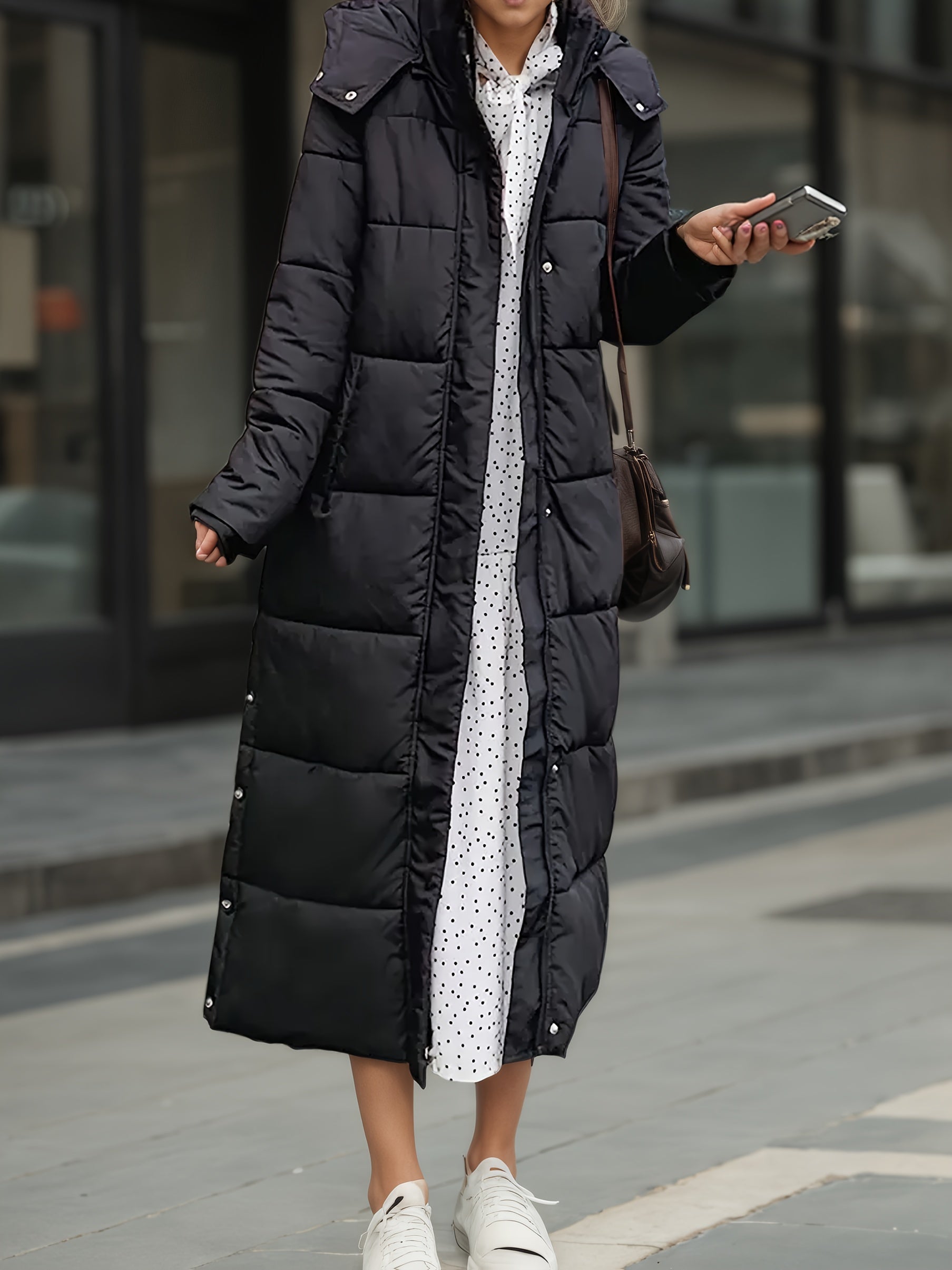 Women’s Elegant Winter Coat – Thickened Cold Weather Outerwear with Full-Zip Closure, Knee-Length Hooded Jacket for Everyday & Formal Events