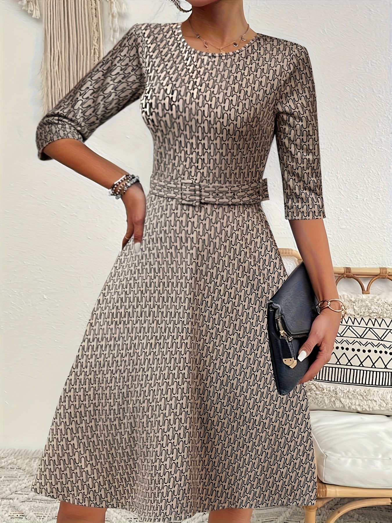 Women’s Elegant Navy Blue Floral Print Belted Dress – Round Neck | Short Sleeve | A-Line Midi | Waist Tie