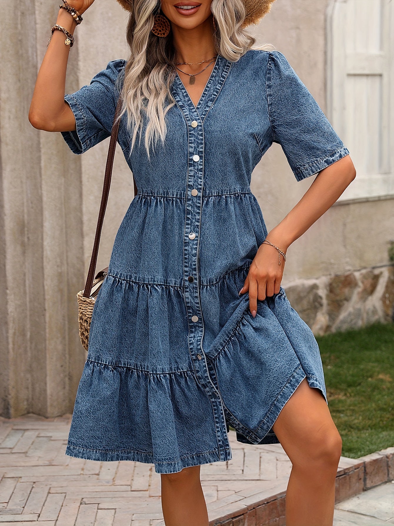 Women’s Elegant V-Neck Short Sleeve Midi Denim Dress – Button Front & Ruffled Hem | Fitted Casual Chic Spring/Summer Dress