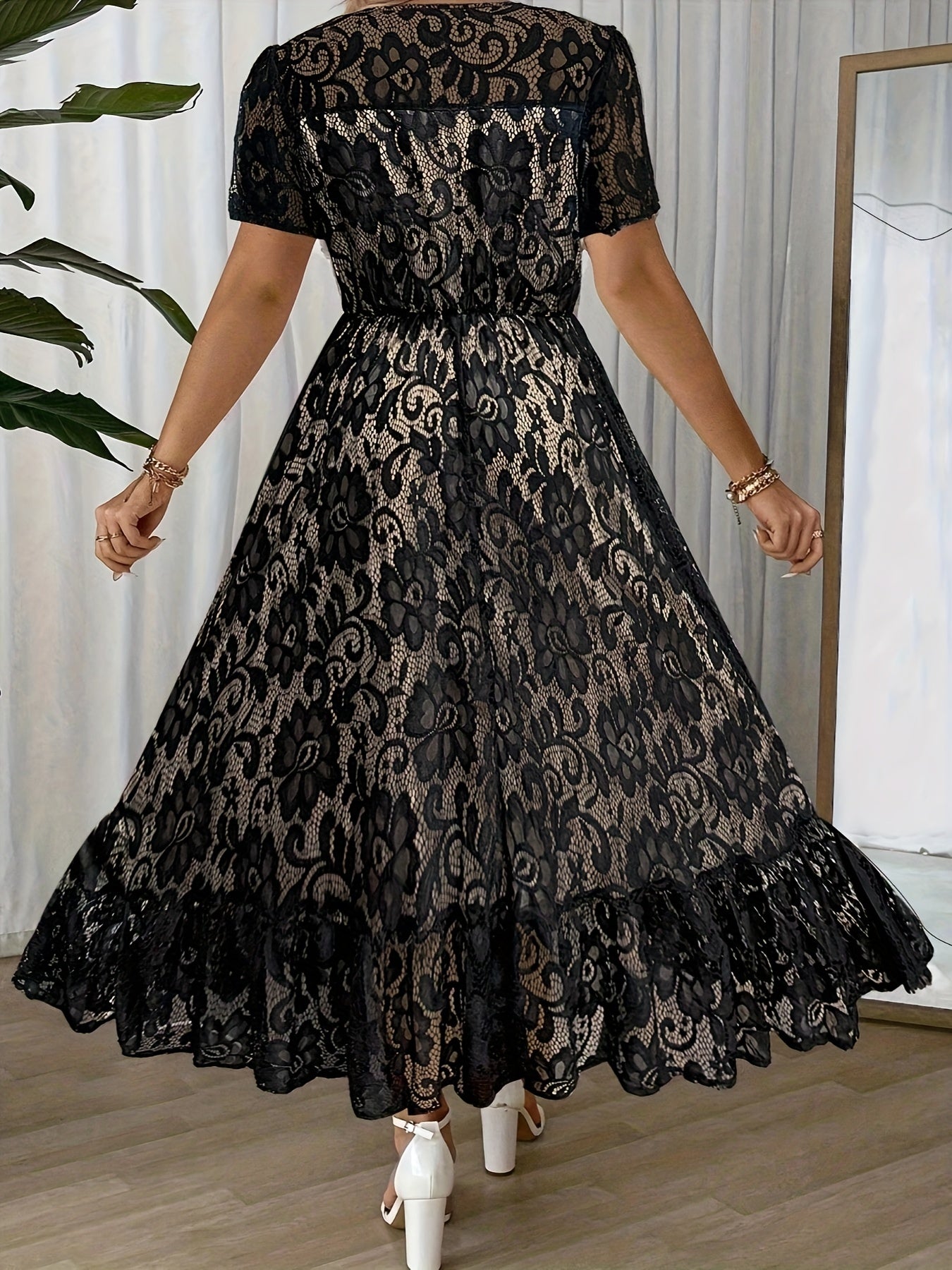 Plus Size Elegant A-Line Lace-Collar Dress – Long Solid Black Formal Party & Wedding Guest Gown