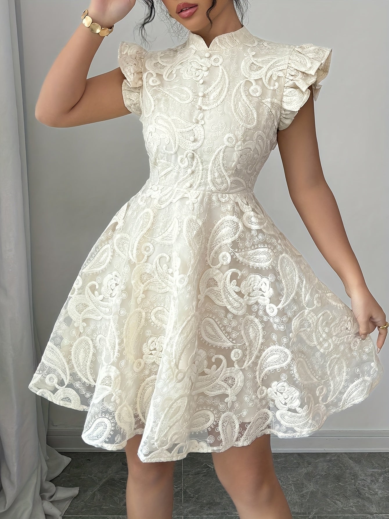 Elegant A-Line Mini Dress with Stand Collar & Contrast Lace Trim – Solid Color Short Sleeve Flared Hem Dress for Spring, Summer & Fall