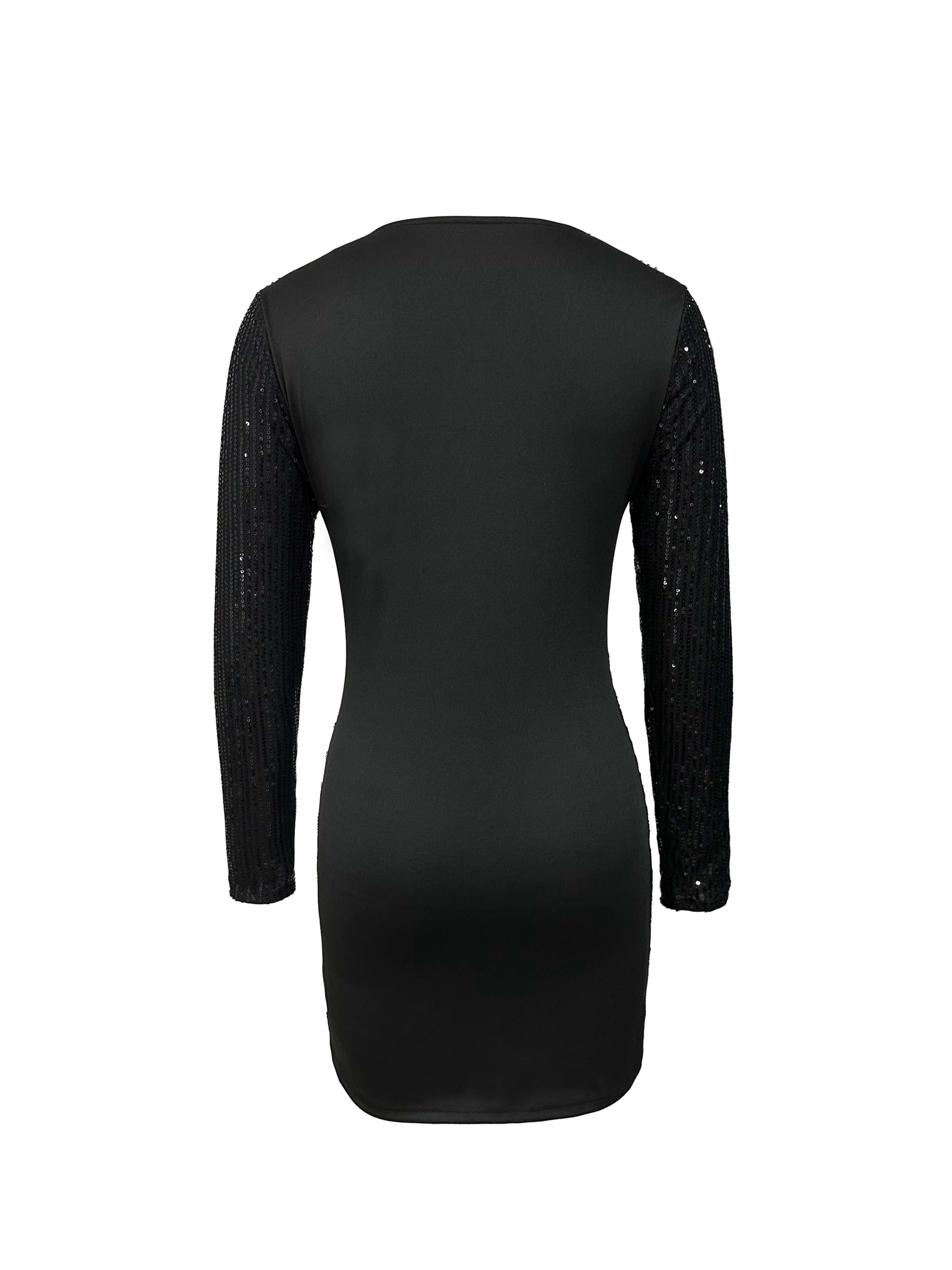 Sequined Deep V-Neck Bodycon Dress – Long Sleeve Mini Dress | Scallop Trim | Sexy Spring Outfit