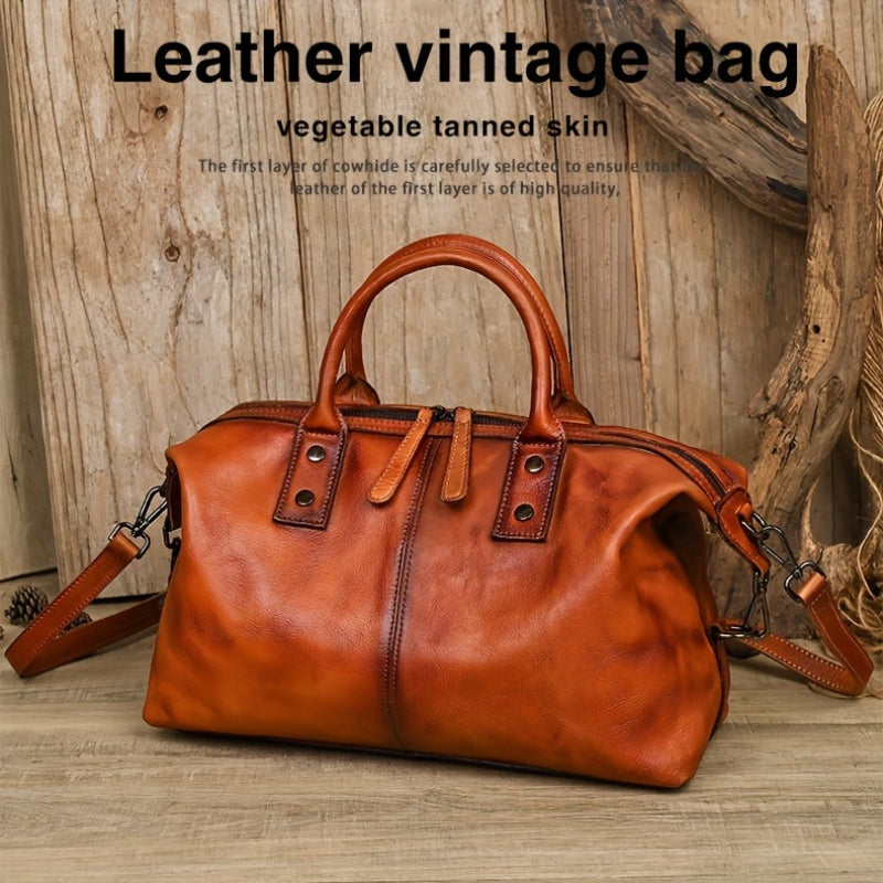 Women’s Vintage Genuine Leather Tote Bag – Large Capacity, Detachable Shoulder Strap & Zipper Closure