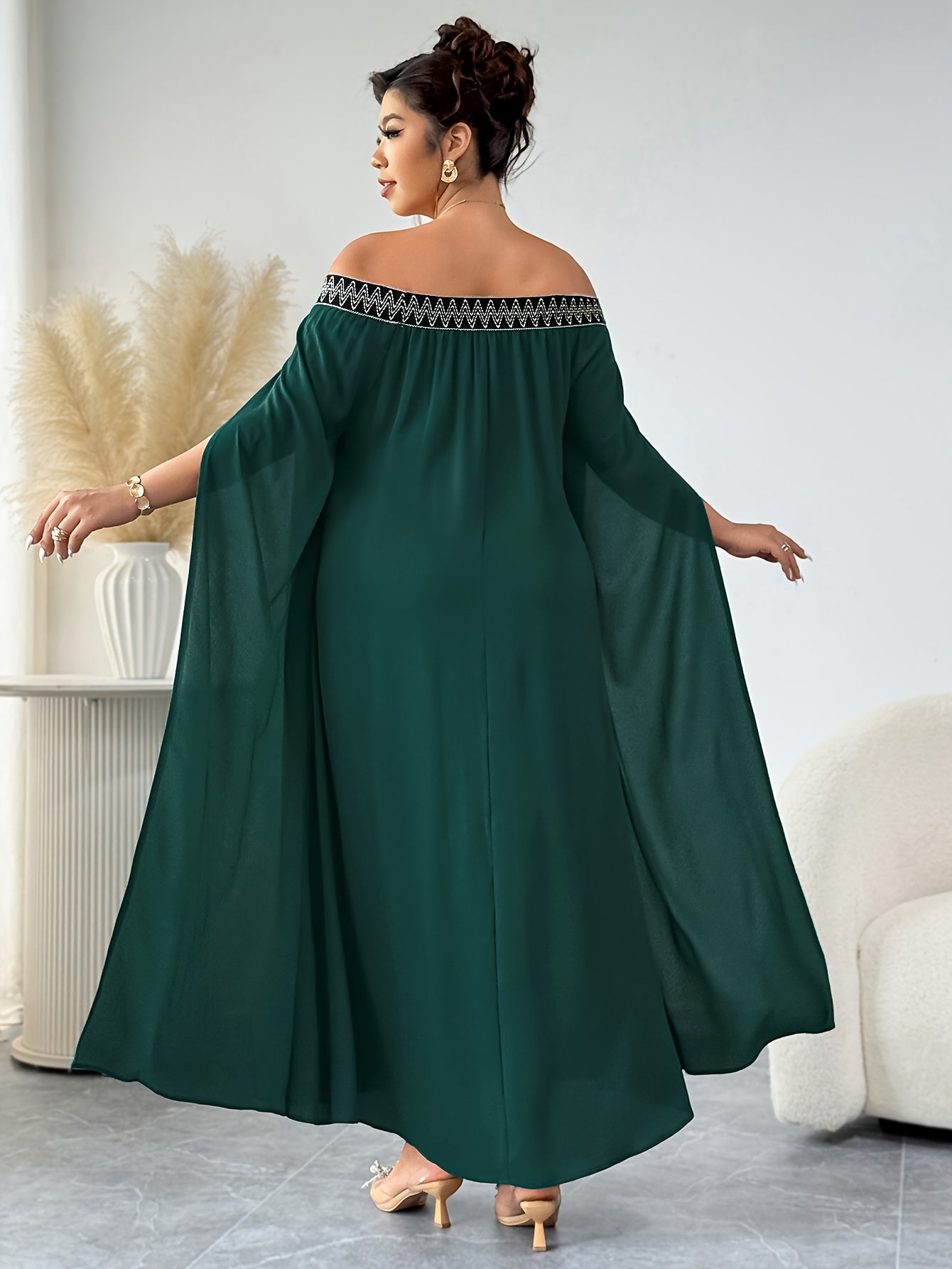 Plus Size Elegant Off-Shoulder Maxi Dress – Ruffled Sleeves, Lace Detailing, Solid Green, Fall/Winter Plus Size Women’s Fashion Dress
