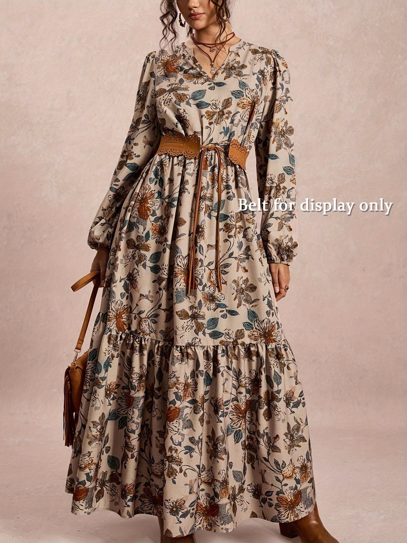 Women’s Vintage Floral Print Maxi Dress – Elegant V-Neck A-Line Long Winter Dress with Kimono-Like Strap (No Waist Tie) – All-Season Flowy Maxi Dress (Beige/Brown/Blue/Green/White)